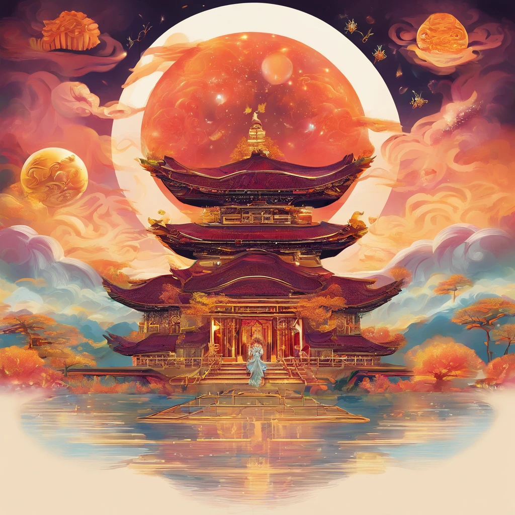 Mid-Autumn Festival, Full moon, the night, (Moon cake), teas, the fruits, edgBunny, Chang'e rushes to the moon, symetry, High detail, romanticism lain, Sparkle, god light, Ray tracing, hyper HD, retinas, Masterpiece, ccurate, Super detail, High details, High quality, Best quality, A high resolution, 16k, Anatomically correct