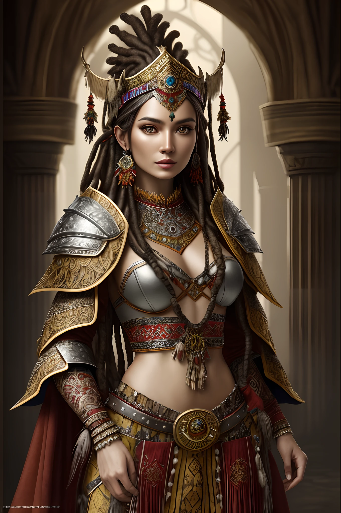 fantasy shaman, beautiful hungarian|indonesian woman, with dreadlocks, wearing ornate intricately decorated leather armor, realistic render,