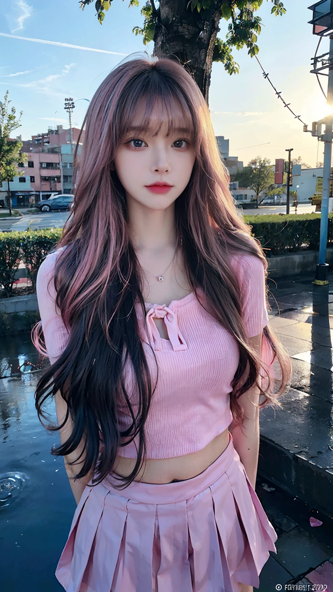 Masterpiece, Best quality, 1girll, Loli, hair, Blue eyes, Very long hair, hair flower, pink school uniform, pink Mini skirt, cheerfulness, Amazing, Beautiful detailed eyes, Depth of field, Original, Outdoors, soaking wet, beautiful detailed water, Beautiful detailed sky, fluttered detailed splashs, author, Colorful, hdr, colorful refraction, cinematic lighting, attractive pose, upper body capture,