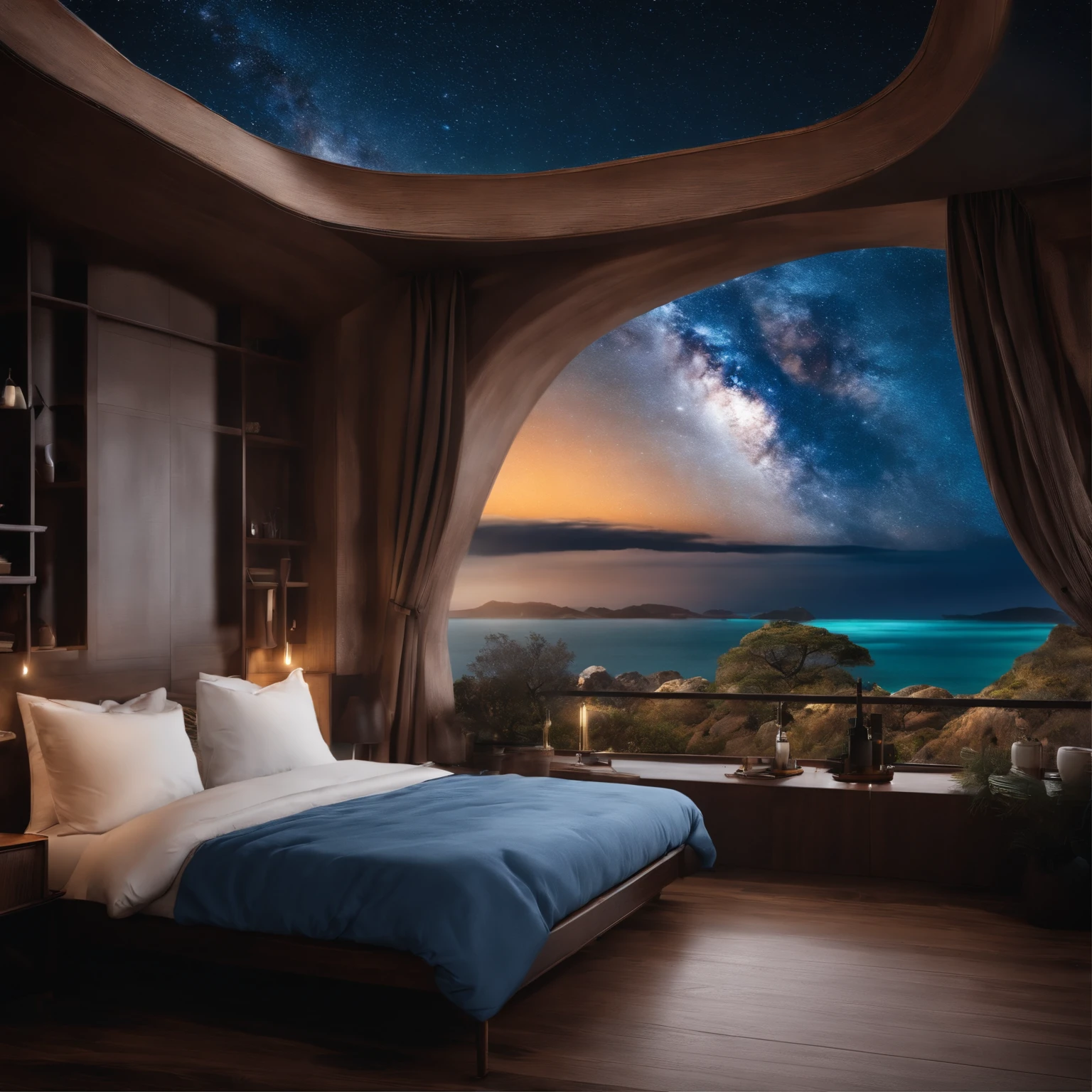 Master Parts、Superior Quality、superior image quality、The 8k quality、Beautiful pictures of the starry sky、magnifica、Arched Milky Way:1.9、Blue Sea