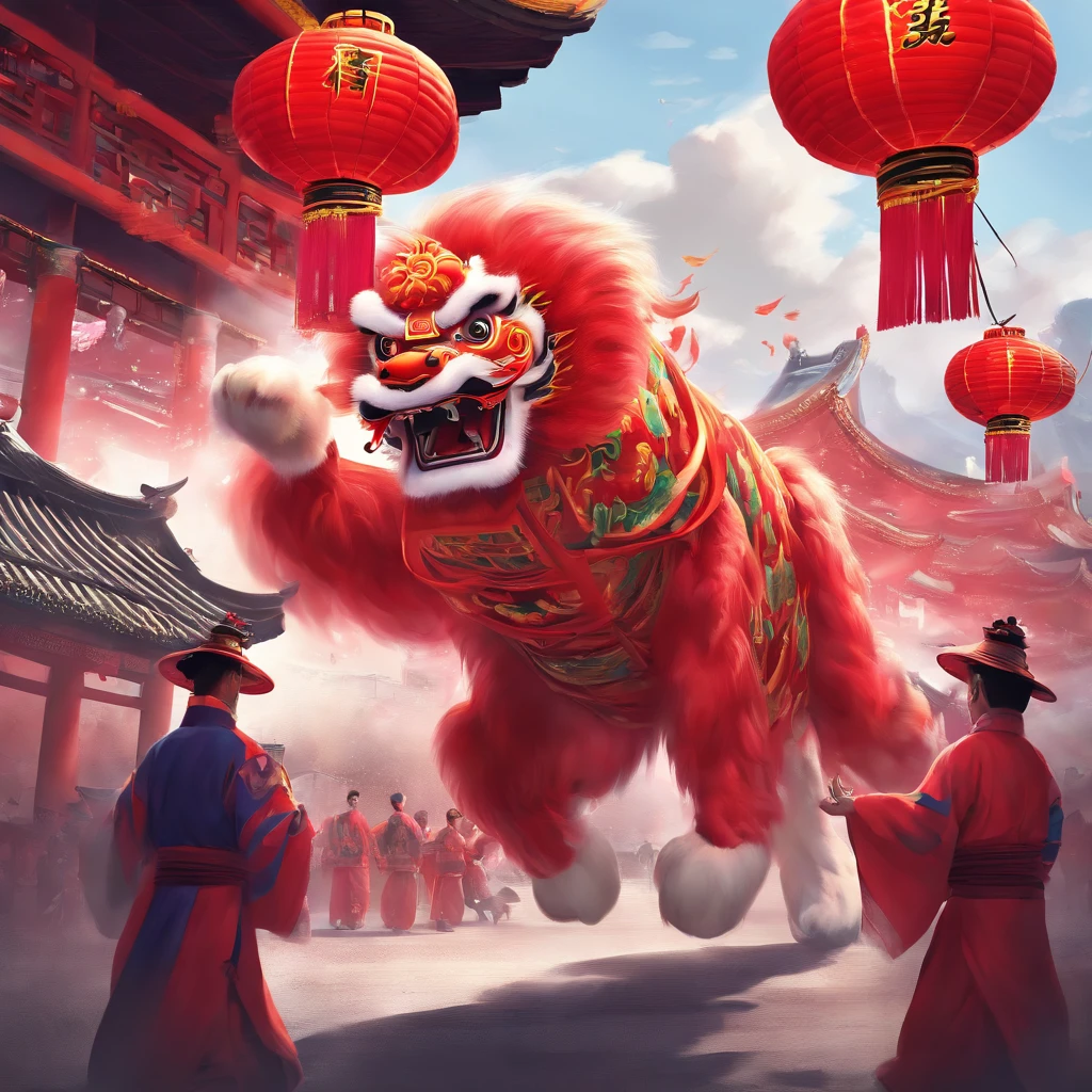 The Northern Lion Dance, dressed in red and orange, is performing a parade, Chinese lion dance fighting, Chinese New Year in Beijing, Chinese style, Chinese lion, chinese ribbon dance, Traditional Chinese clothing, Chinese tradition, fire lion,  china silk 3d dragon