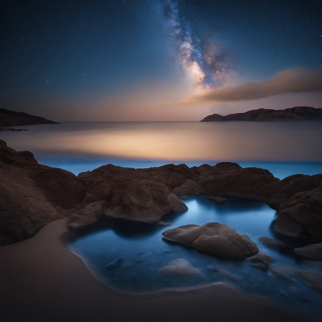 Master Parts、Superior Quality、superior image quality、The 8k quality、Beautiful pictures of the starry sky、magnifica、Arched Milky Way:1.9、Blue Sea