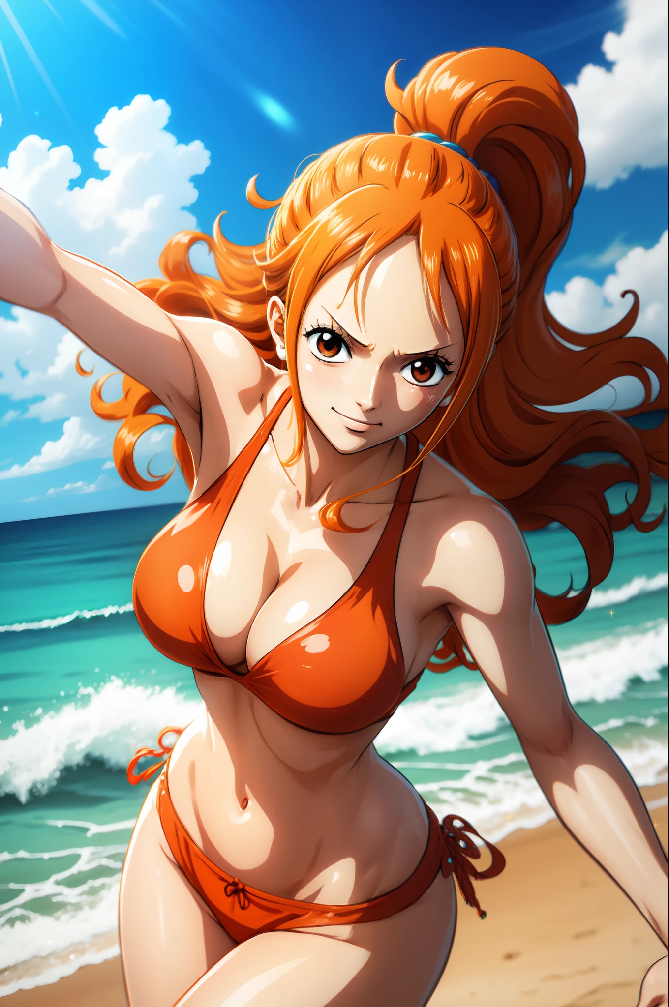 anime art style,nami from One Piece,brown eyes,orange long ponytail hair,blushing,playful expression,dynamic pose,wearing red bikini, standing on the beach,sparkling blue seawater, vibrant colours.