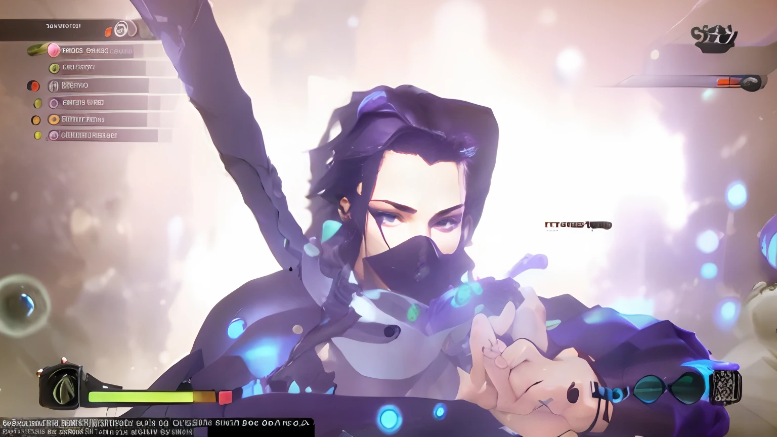 Black long hair, purple aura, purple and green eyes