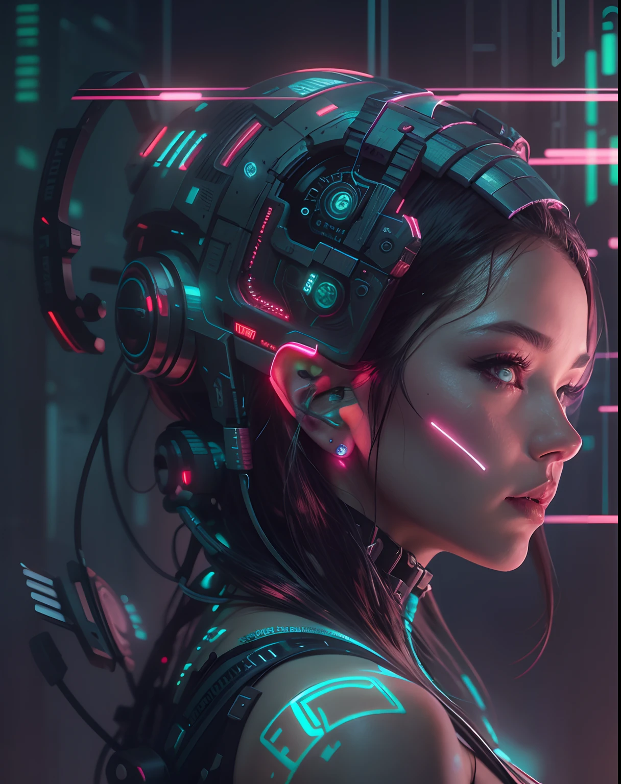 there is a woman with a glowing headpiece and a glowing face, wlop. scifi, beautiful digital artwork, beautiful cyberpunk girl face, dreamy cyberpunk girl, futuristic art style, advanced digital cyberpunk art, cyborg - girl, intricate wlop, cyberpunk robotic elvish queen, portrait beautiful sci - fi girl, cute cyborg girl, sci-fi digital art, futuristic digital art