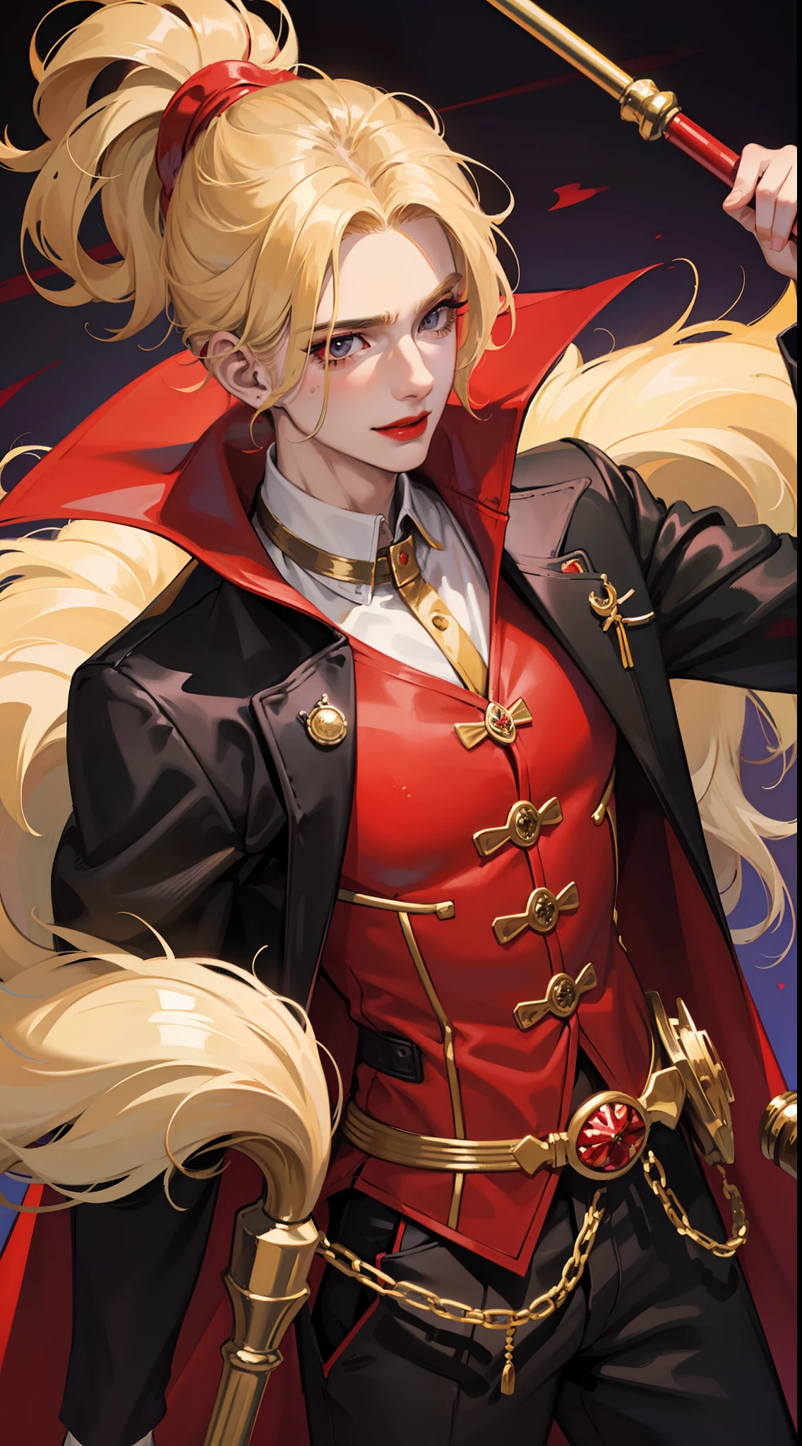 young boy, longue blonde hair, Heteroromy, smirk, red lipstick, red and yellow, red fluffy shirt, black tight pants, Dark purple cape, cane, Masterpiece, hiquality, higly detailed, HD, 4k