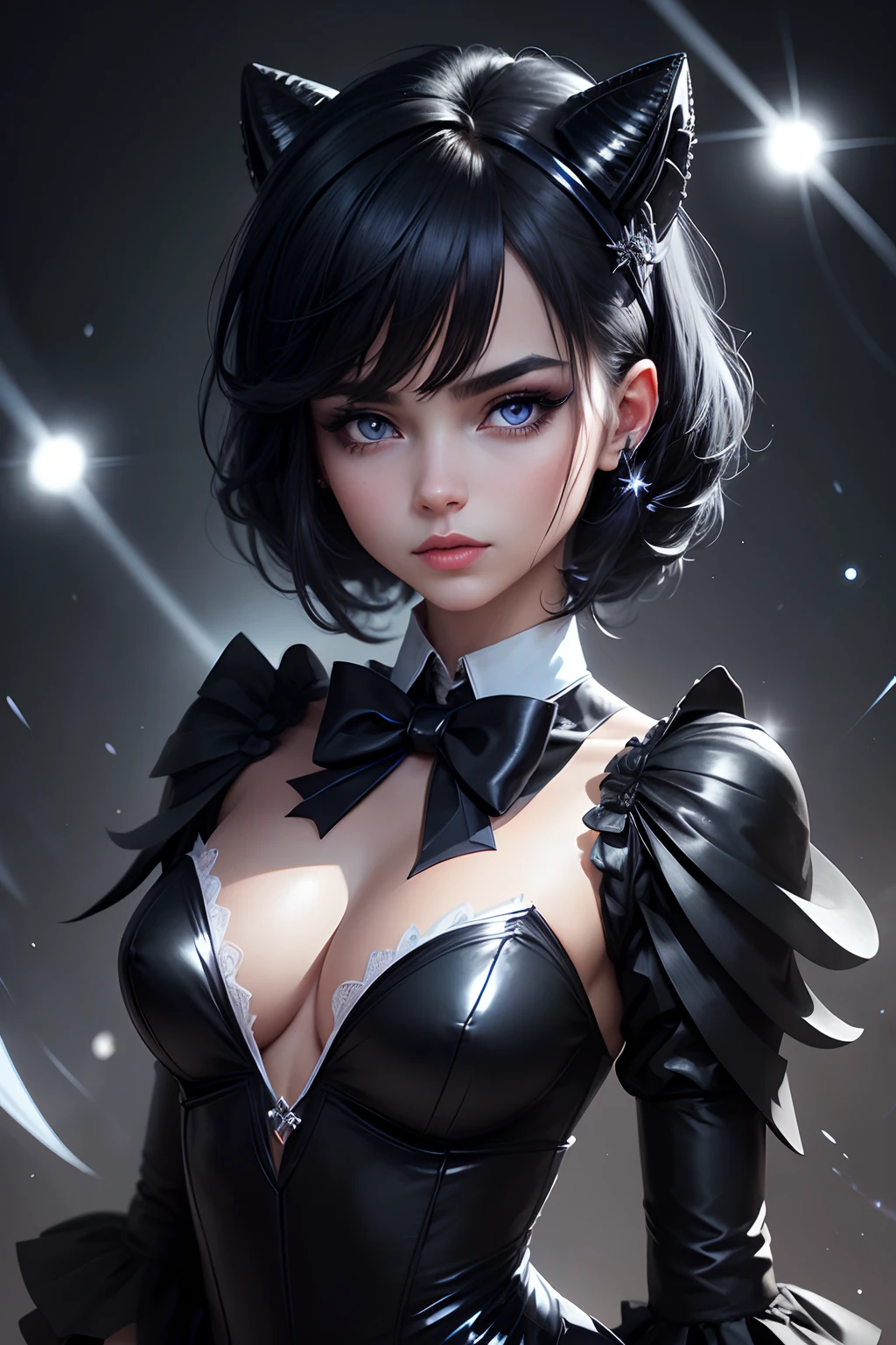 Digital art, by IrinaKapi.
Lady night, perfect black, portrait of a girl with blue-black hair, creative haircut, silver flashes of light, bow tie, ultra detailing of clothes, silver inserts, silver little horns, starlight in the eyes, big blue eyes, intricate details, masterpiece, shine skin, magical realism