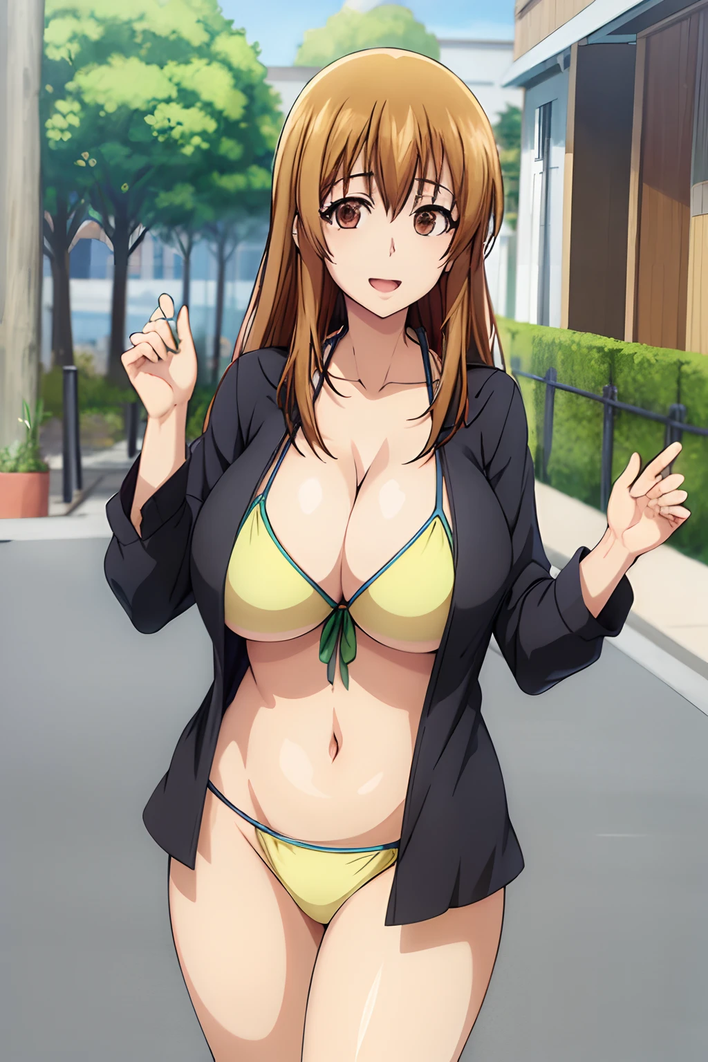 best quality, (masterpiece:1.2), highly detailed, street,
1girl,  kotegawa nanaka, (nude)
looking at viewer, slight smile, open mouth,
brown eyes, brown hair, long hair, black shirt, elbow sleeves, bikini, (huge tits), cleavage