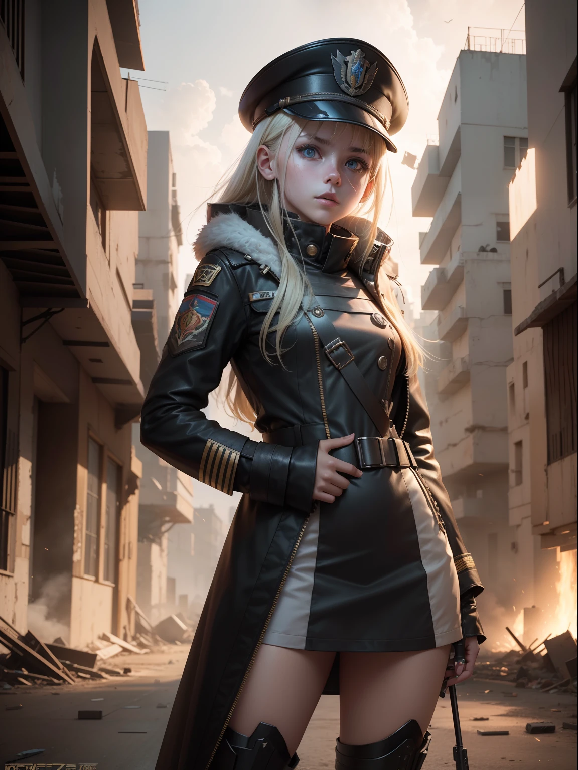Destroyed towns,3 Ukrainian girls , Ukrainian anime girls , , Ukraine , Full body composition of young girl with messy bright blonde hair, eye make up, 13 year old, Soft lighting, Solo, Old torn dirty shabby futuristic military uniform, badges, Pose, Blotch color, Octane Render, Hyperrealistic intricate detail, Cinematic, 8K resolution, 70mm, Accent Lighting, Global Illumination, Full body portrait, clean detailed faces, intricate clothing, Cute face, flat chest, Slim waist, Slim legs, small hips,Major's uniform,Major's hat,Holding a handgun,Long jacket,Carrying a cloak,actionpose,Fancy action,