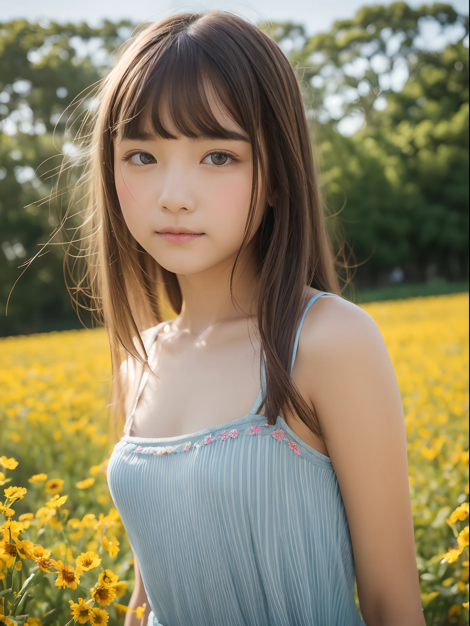 one girl、（beautiful girl、delicate girl：1.3）、（：1.3）、break、（spring clothes：1.3）、break、very fine eyes、（symmetrical eyes：1.3）、break、（Countless flowers、In a colorful flower field:1.3)、Perfectly shaped and anthropomorphically correct fingers、break、small breasts、brown eyes、(((shortcut)))、parted bangs、brown hair、break、(Eye and face details:1.0)、break、(masterpiece、highest quality、Super detailed) 、detailed face、8k）、Full body view from the knee up、