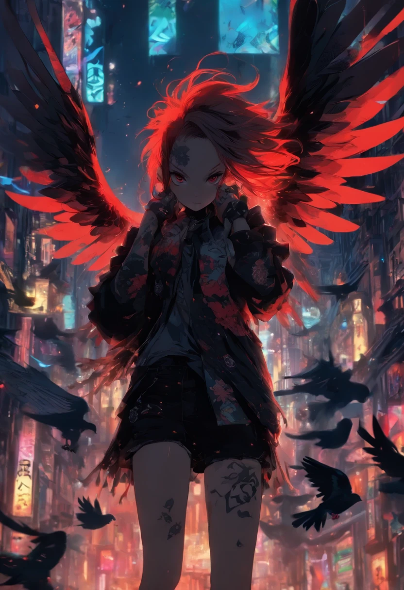 A girl with wings and red tattoos, Dark black and light black style, Anime art, 32k ULTRAHD, Gothic grotesque characters, multilayered dimensions, Hester core, Pigeons can