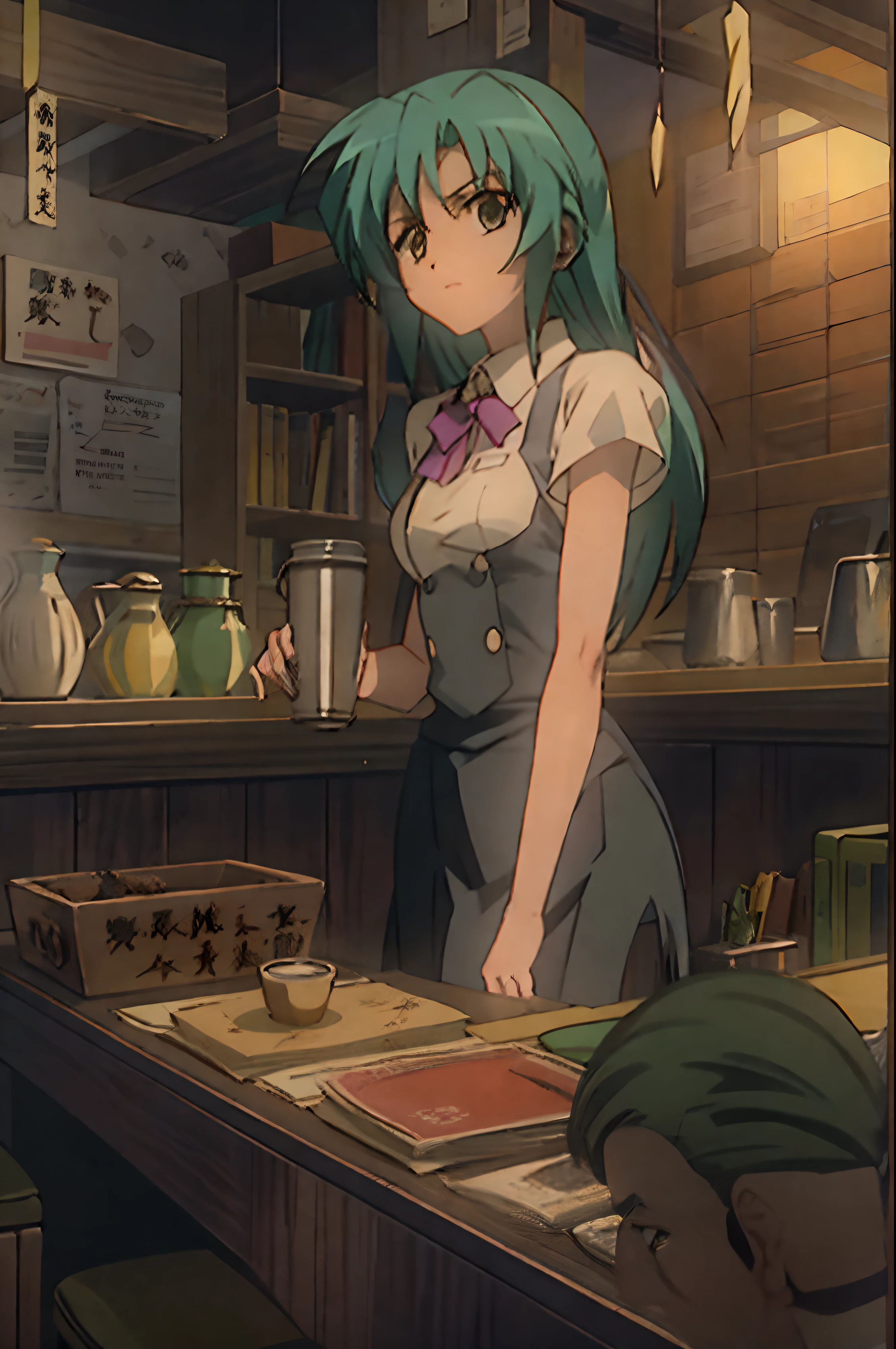 Shion Sonozaki, as a waitress, standing inside a busy restaurant, staring menacingly at the camera, ominous vibe, Higurashi art style