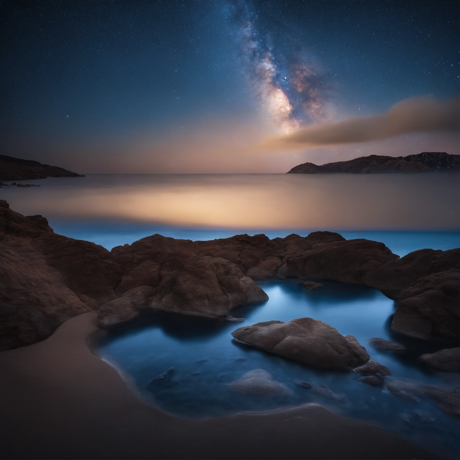Master Parts、Superior Quality、superior image quality、The 8k quality、Beautiful pictures of the starry sky、magnifica、Arched Milky Way:1.9、Blue Sea