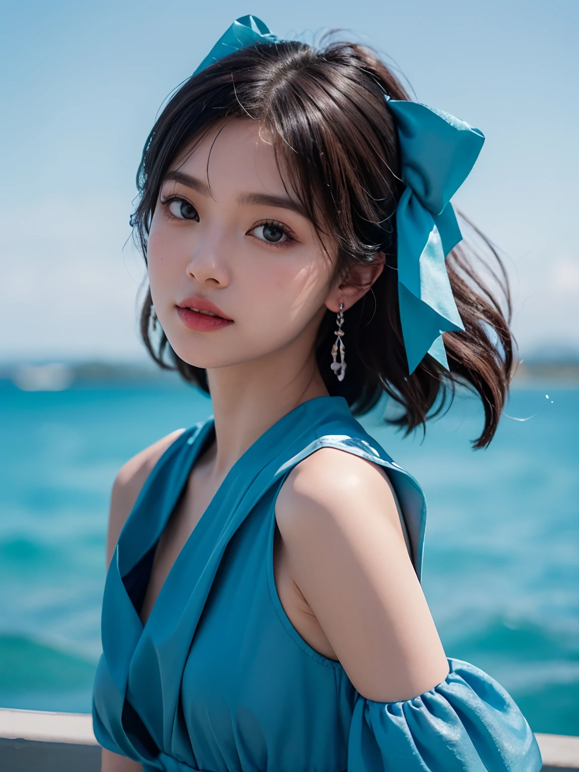 arafed woman with a blue bow and a blue dress, portrait of jossi of blackpink, captured on canon eos r 6, shot on nikon z9, shot on canon eos r 5, shot on canon eos r5, taken with canon eos 5 d mark iv, very pretty face, anime thai girl, soft portrait shot 8 k, clouse up face portrait