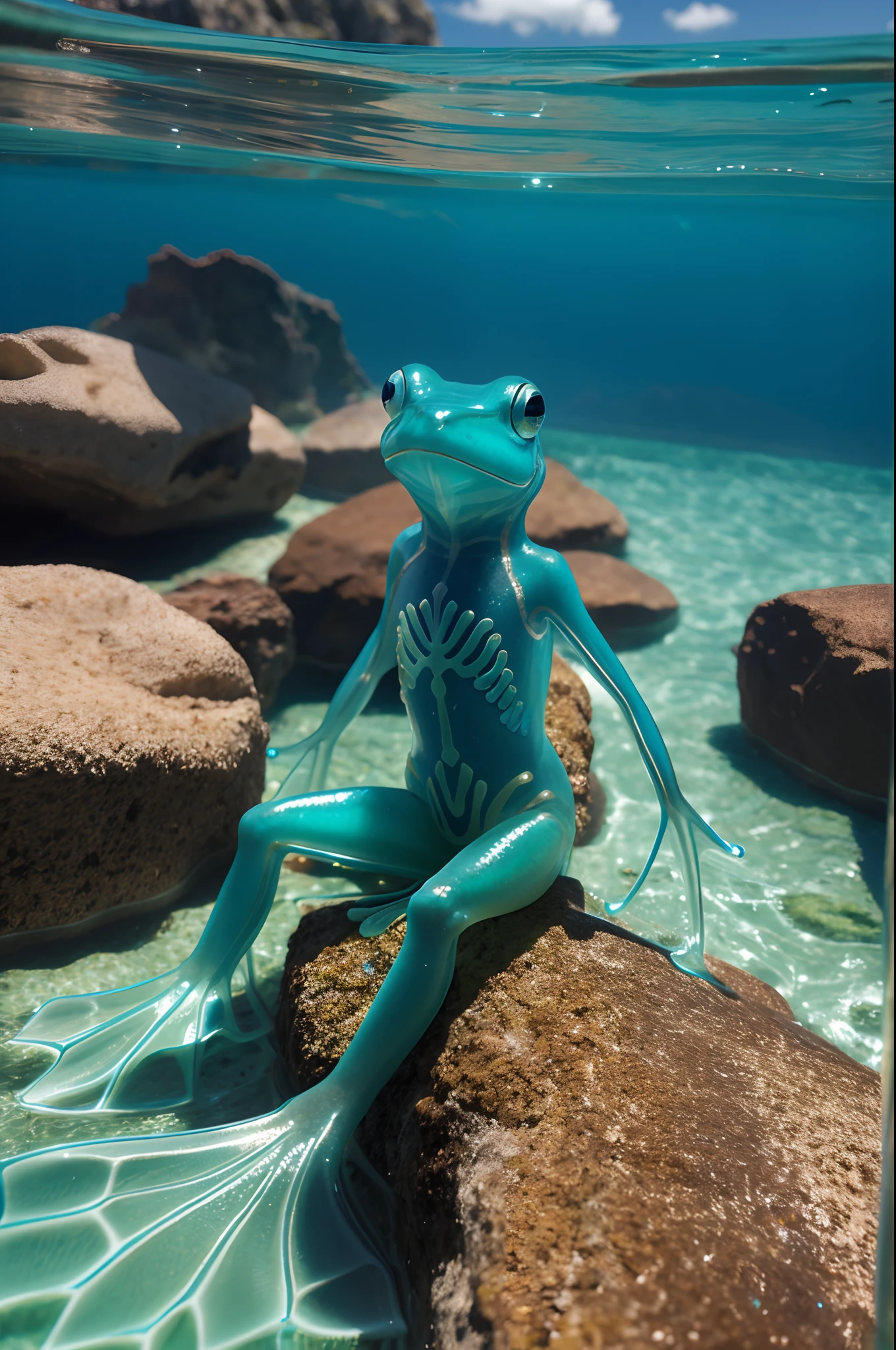 NSFW (nude) (male furry frog with penis) full body, standing on a deserted beach