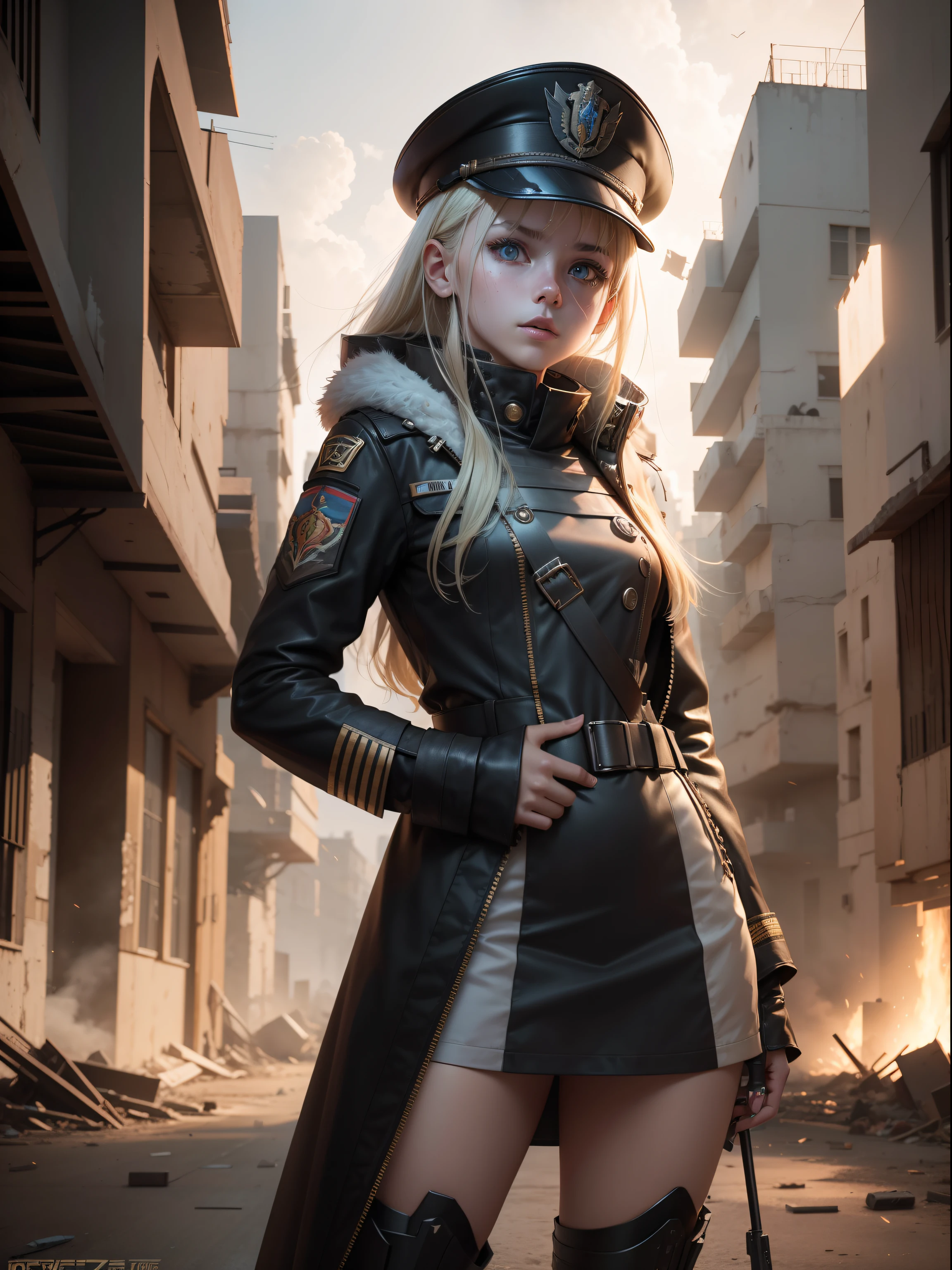 Destroyed towns,3 Ukrainian girls , Ukrainian anime girls , , Ukraine ,  Full body composition of young girl with messy bright blonde hair, eye make up, 13 year old,  Soft lighting, Solo, Old torn dirty shabby futuristic military uniform, badges, Pose, Blotch color, Octane Render, Hyperrealistic intricate detail, Cinematic, 8K resolution, 70mm, Accent Lighting, Global Illumination, Full body portrait, clean detailed faces, intricate clothing, Cute face, flat chest, Slim waist, Slim legs, small hips,Major's uniform,Major's hat,Holding a handgun,Long jacket,Carrying a cloak,actionpose,Fancy action,