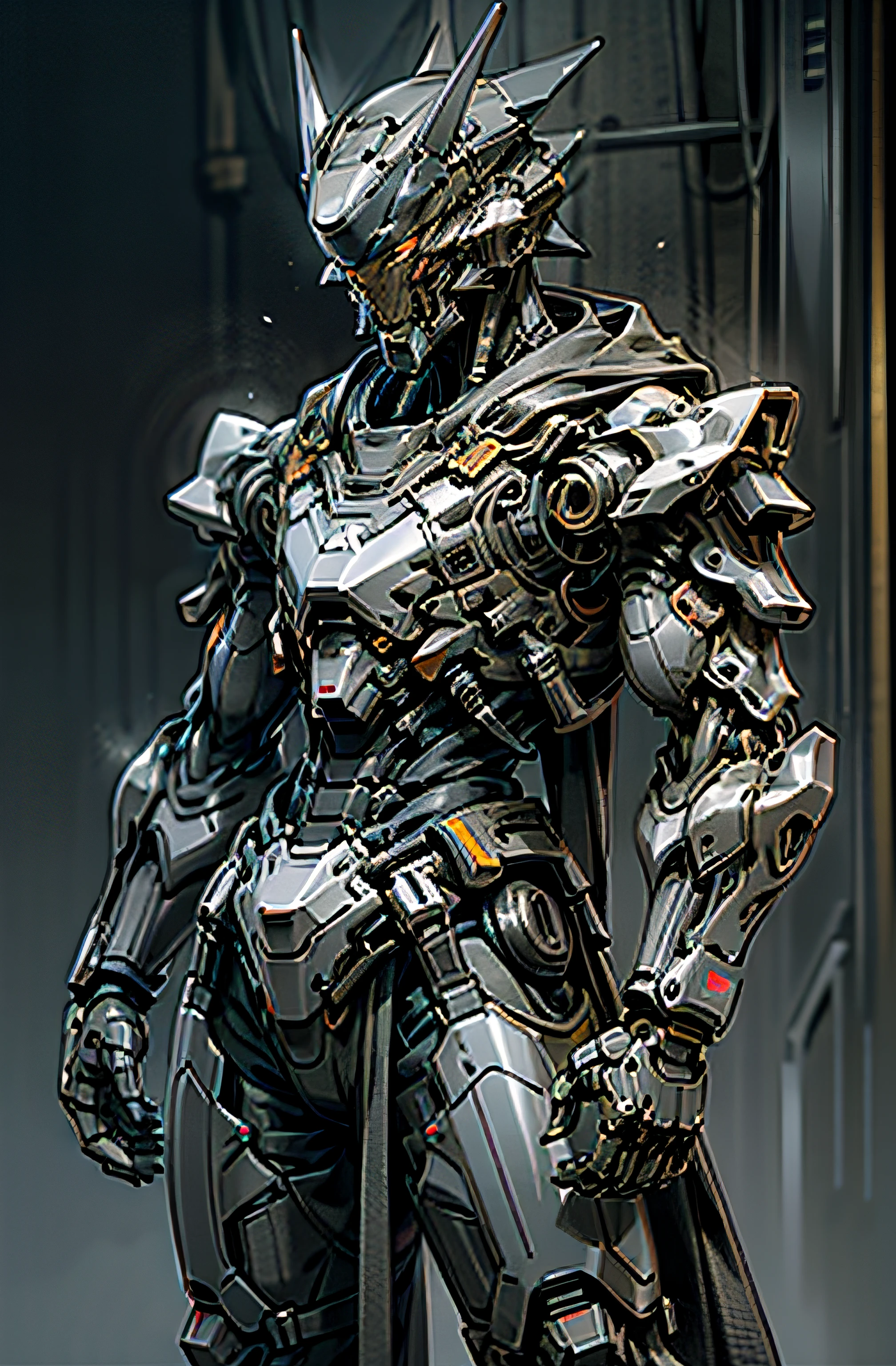 Dark_Fantasy,Cyberpunk,1manMechanical marvel,Robotic presence,Cybernetic guardian, samurai mechanical armour, katana on the waist, absolutely stunning art,wearing a black cloak, highest quality art, highest resolution, hyper detailed,black and red, futuristic, samurai robot, atmospheric,8k,64k, HD, unparalleled masterpiece, dynamic lighting, cinematic, epic