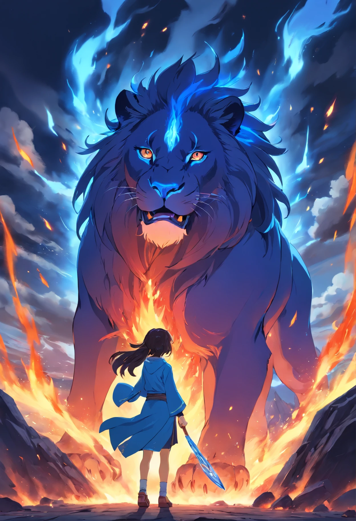 Xianxia,Giant blue fire lion,volcanic background,Take a shiny fork,Liao An has scars,Whole body diagram,k hd,