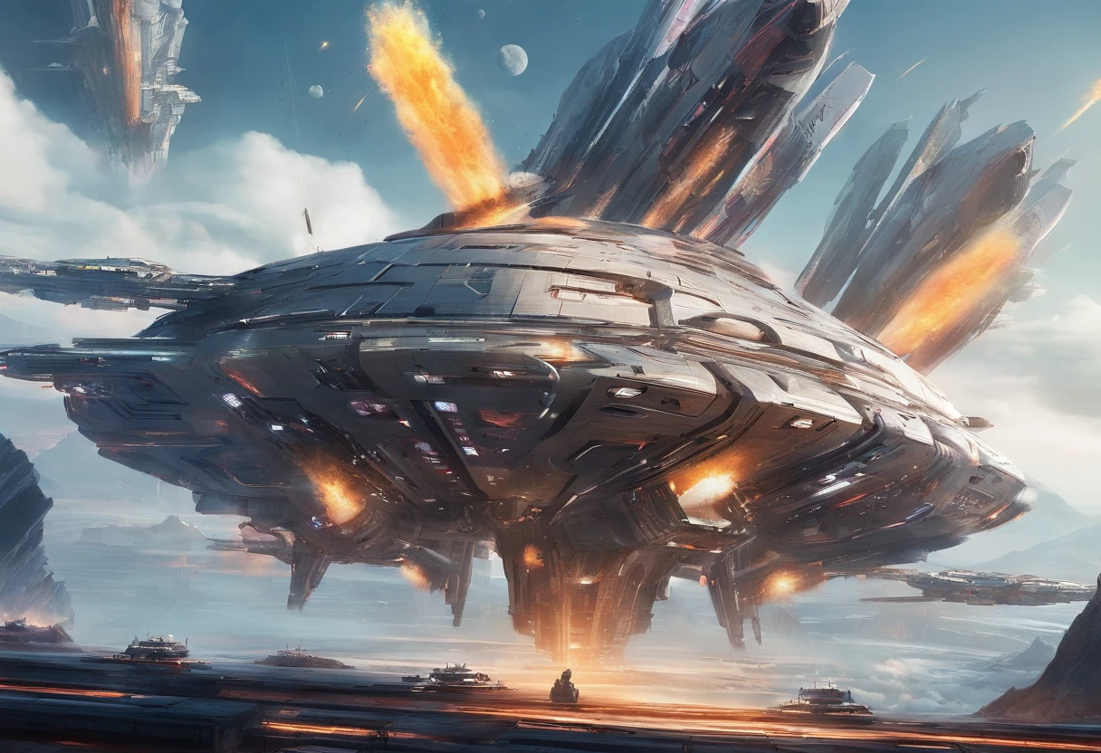 Master made,Grandiose spectacle,(Chinese characteristics),((Sword appearance)Flying battleship),Technical weapons,((Majesty,Domineering)),{opening fire,Full fire,(((Bombing Japan)))bombardment},background in war,Highest image quality,complexdetails,Extreme resolution,Dynamic obfuscation,Full of details,Precise detailing