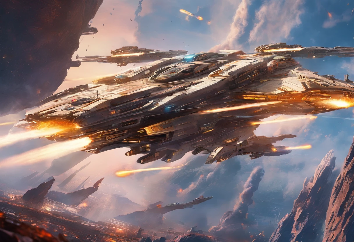 Master made,Grandiose spectacle,(Chinese characteristics),((Sword appearance)Flying battleship),Technical weapons,((Majesty,Domineering)),{opening fire,Full fire,(((Bombing Japan)))bombardment},background in war,Highest image quality,complexdetails,Extreme resolution,Dynamic obfuscation,Full of details,Precise detailing