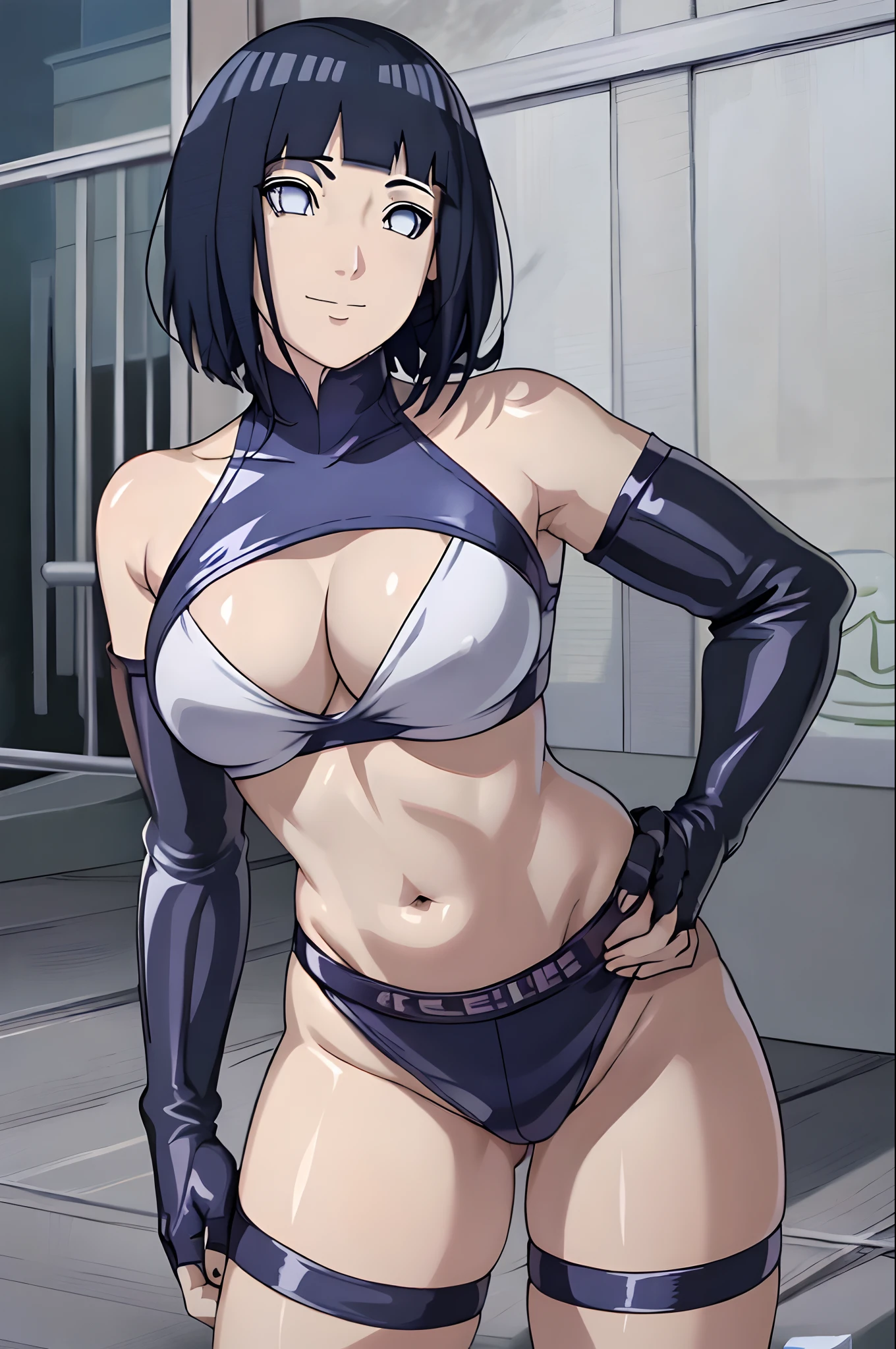 (ultra detailed body, ultra detailed face), ((solo, 1 girl)), anime style, hires, ((wrestling stage, (children watching))), (hinata\(boruto\), (female wrestler), (slender body, broad shoulders), mature woman, milf, (black strapless, ultra detailed pro wrestling gear, long gloves), extremely gorgeous, (smile, closed mouth), (pale skin, shiny skin, lighting and shadow), (dark blue hair color:1.1), wavy hair, ((short hair, hime cut), big breasts, ((hands on hips)), (long belly), (very seductive), (perfect eyes, white sciera, bright eyes, white eyes, anime eyes)