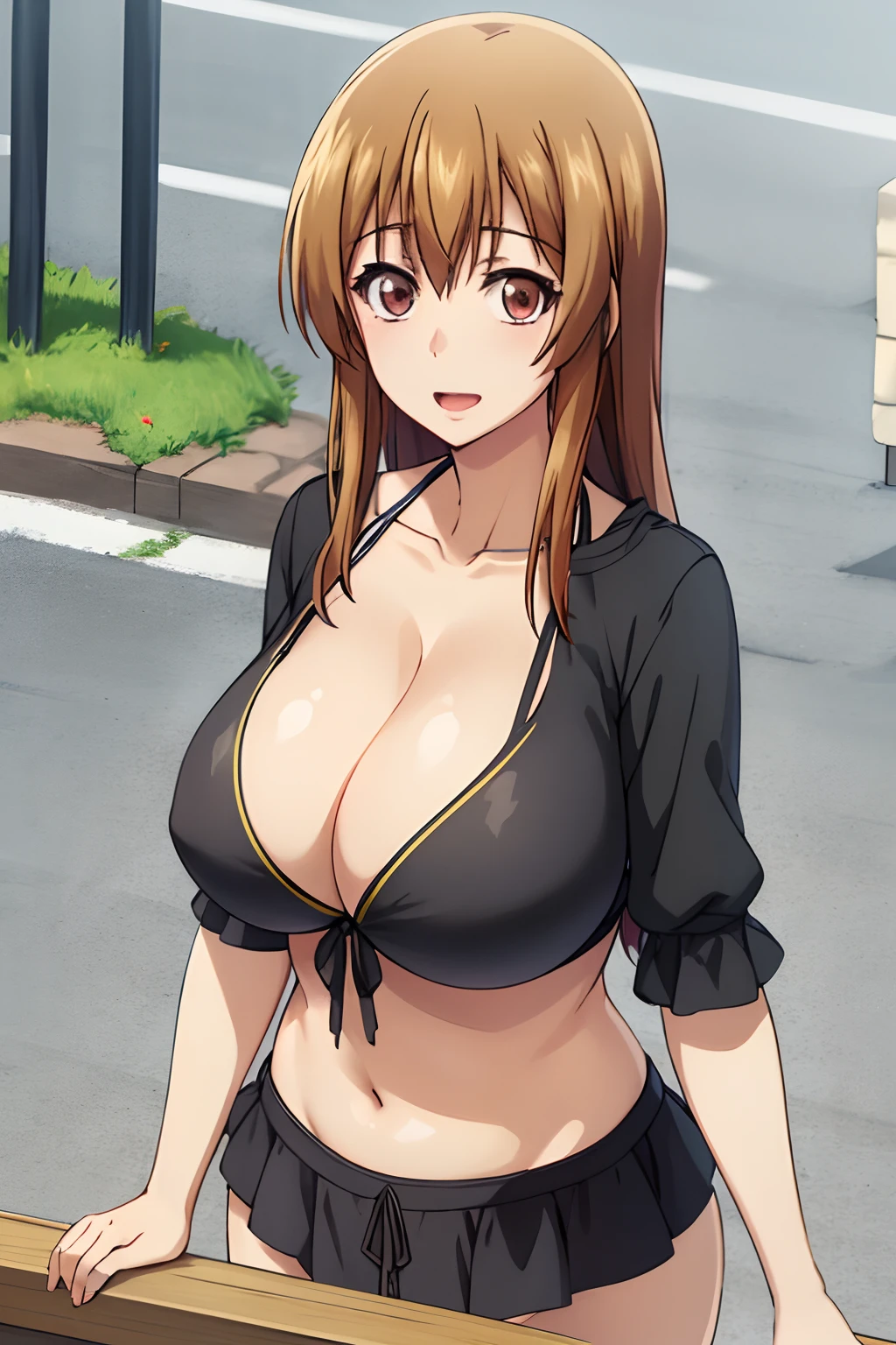 best quality, (masterpiece:1.2), highly detailed, street,
1girl,  kotegawa nanaka, ()
looking at viewer, slight smile, open mouth,
brown eyes, brown hair, long hair, black shirt, elbow sleeves, bikini, (huge tits), cleavage