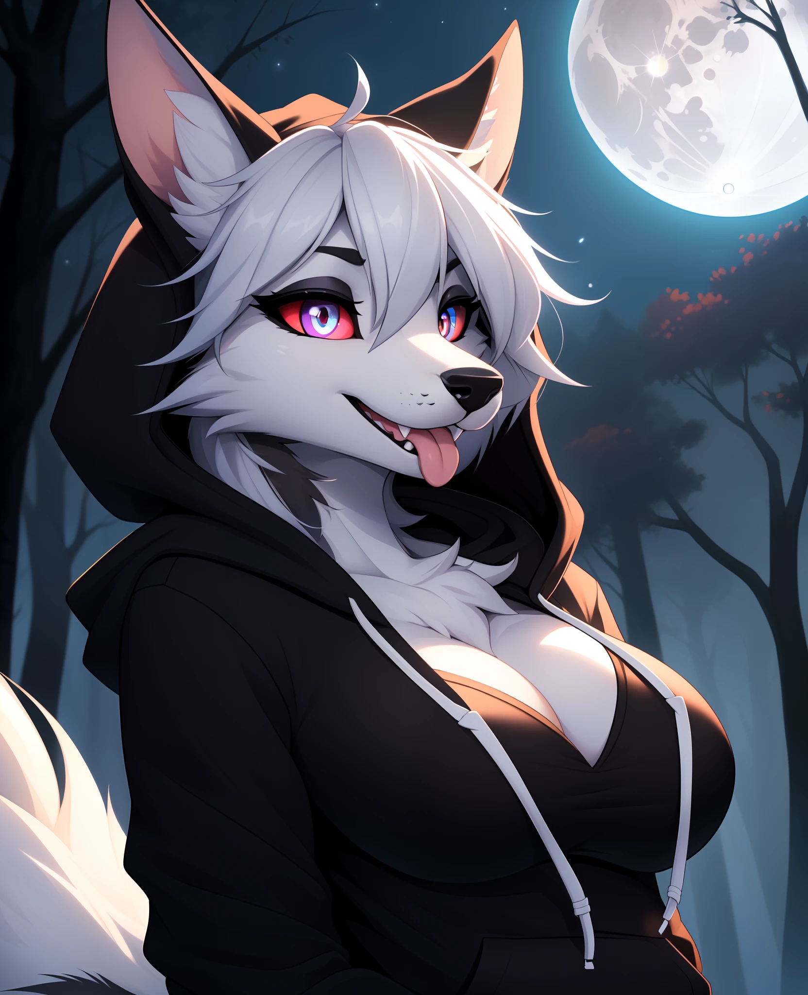 (best quality, highest quality, digital art, intricate, highres, 8k, anthropomorphic, furry, uploaded_on_e621:1.4), 1girl, detailed snout, detailed teeth, solo_focus, female, (low angle shot:1.2), detailed face, detailed eyes, (detailed fur texture:1.3), big fluffy tail, (seductive pose:1.2), suit, digital painting, perfect hands, cleavage, (black hoodie:1.3), smiling, tongue out (licking), cinematic light, vibrant colors, intricate eyes, (background is a dark forest with the moon shining), slit pupils, white eyes, black sclera,