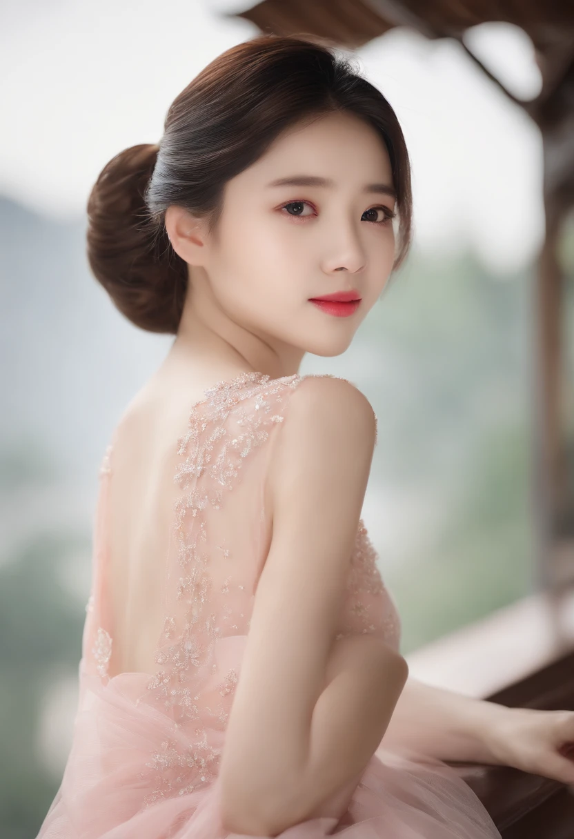 ballet、Transparent、recital、open chest、Nothing is worn inside、full body shot、A woman with the same face as last time(misaki),4K、1people's women、slender、 Loose wavy styling 、seductive and attractive,Including face and skin texture,detailed eyes、a seductive look