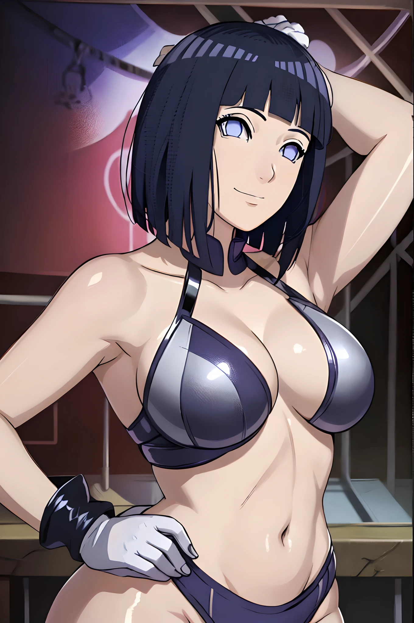 (ultra detailed body, ultra detailed face), ((solo, 1 girl)), anime style, hires, ((wrestling stage, (children watching))), (hinata\(boruto\), (female wrestler), (slender body, broad shoulders), mature woman, milf, (black strapless, ultra detailed pro wrestling gear, long gloves), extremely gorgeous, (smile, closed mouth), (pale skin, shiny skin, lighting and shadow), (dark blue hair color:1.1), wavy hair, ((short hair, hime cut), big breasts, ((hands on hips)), (long belly), (very seductive), (perfect eyes, white sciera, bright eyes, white eyes, anime eyes)