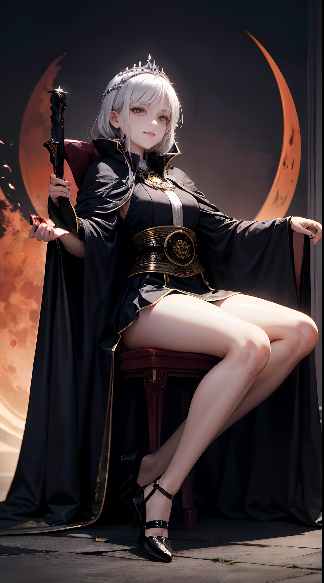 Full-body, silver-haired young girl, red eyes, angelic body and face, black robe with a mini skirt, wield a dark sword, wears a cloak and dark crown, sitting at the throne of darkness, black wings, blood moon and red light background scene, the magic circle with diamond, brave smile, stable diffusion v5, anime style v3, dynamic, image enhance, dream shape, vibrant, realistic face, 8k quality, upscale, sharp focus.