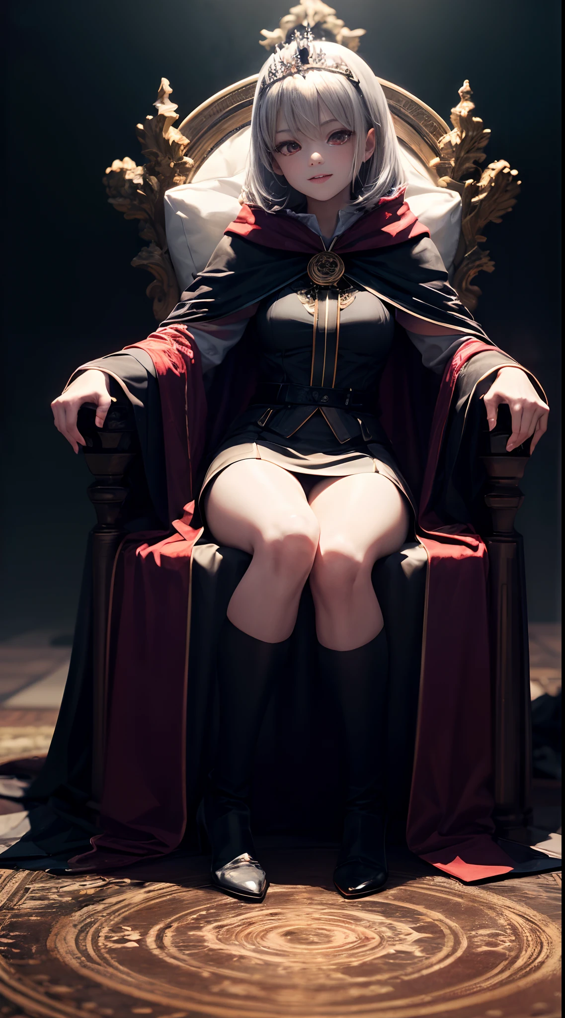 Full-body, silver-haired young girl, red eyes, angelic body and face, black robe with a mini skirt, wield a dark sword, wears a cloak and dark crown, sitting at the throne of darkness, black wings, blood moon and red light background scene, the magic circle with diamond, brave smile, stable diffusion v5, anime style v3, dynamic, image enhance, dream shape, vibrant, realistic face, 8k quality, upscale, sharp focus.