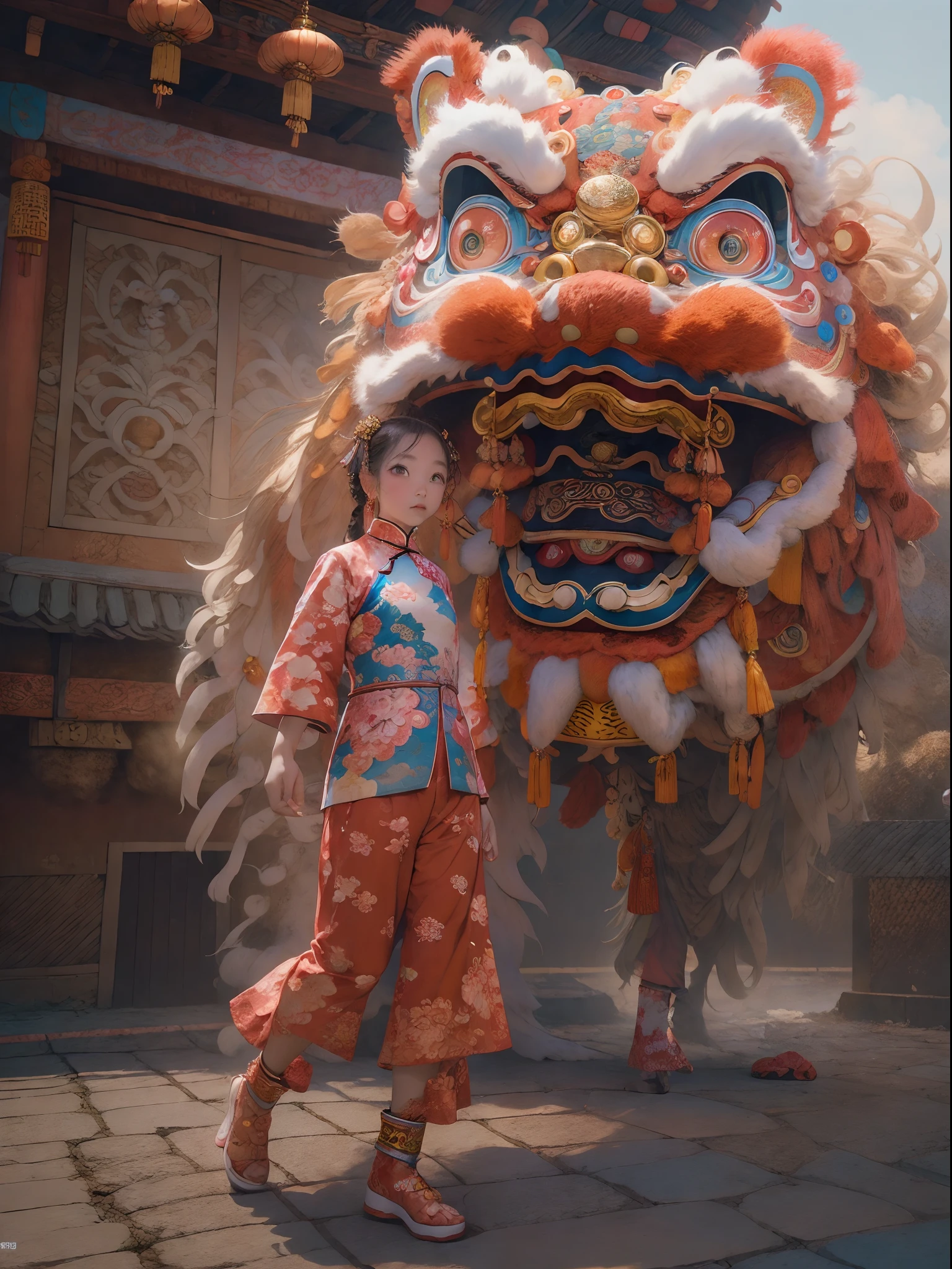 China-style，Lion dance girl，highly detailed surreal vfx，Smudge，Faraway view，super-fine，ultra - detailed，high qulity，8K ，oc rendered，dynamic viewing angle