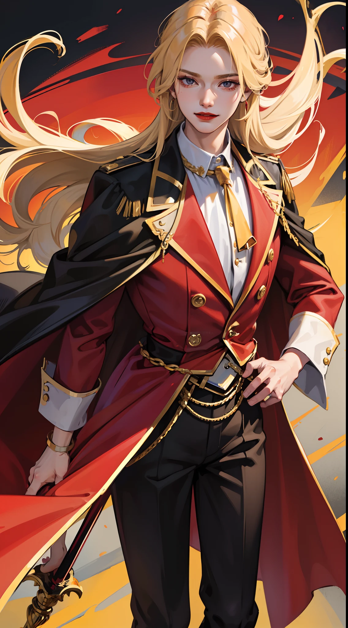 young boy, longue blonde hair, Heteroromy, smirk, red lipstick, red and yellow, red fluffy shirt, black tight pants, Dark purple cape, cane, Masterpiece, hiquality, higly detailed, HD, 4k