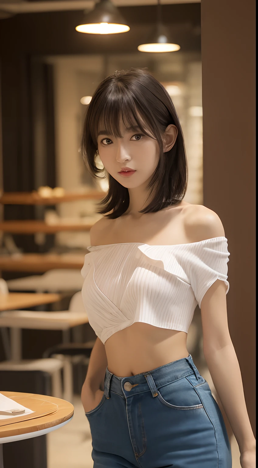 top-quality、8K、(realisitic、hight resolution:1.3)、1 girl with a perfect figure、Super thin face and eyes、length hair、(Off-the-shoulder shirt、1 in random color.2)、(Roll up your shirt、abdominals、The lower half of the:1.6)、Short jeans、in a cafe、coffee on table、Night view of the building from the window、Colossal tits