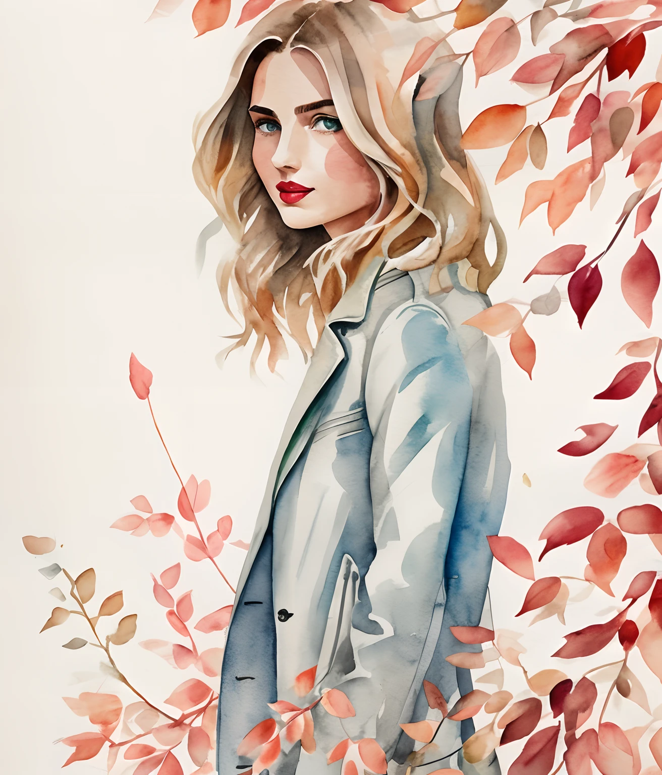 Kelly smith watercolor art Blonde Woman thin hair, french bob, gray blue eyes, red lipstick, andreea diaconu, peach beige dress, jacket, windy, green leaves tree, summer, fantasy, artistic brushstrokes