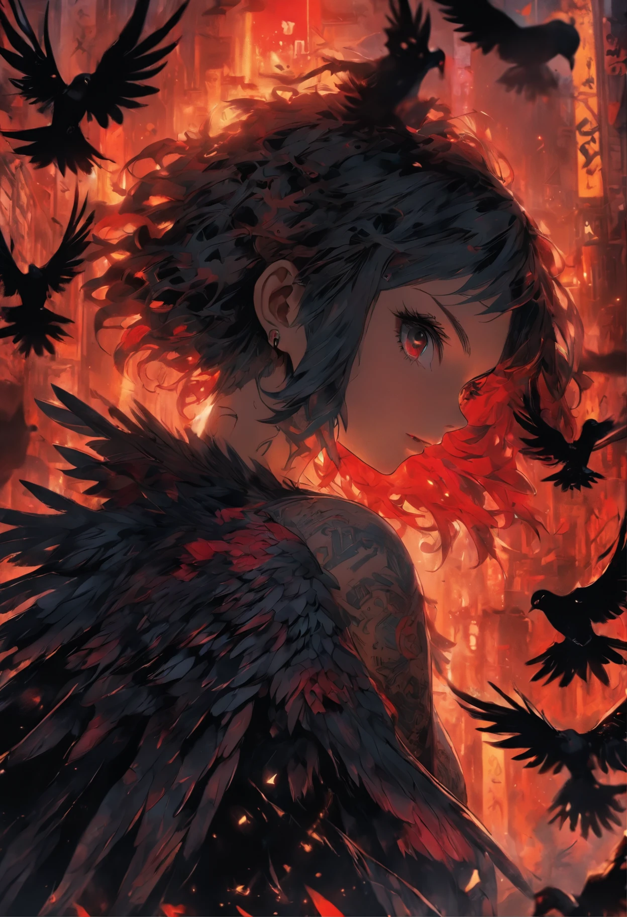 A girl with wings and red tattoos, Dark black and light black style, Anime art, 32k ULTRAHD, Gothic grotesque characters, multilayered dimensions, Hester core, Pigeons can