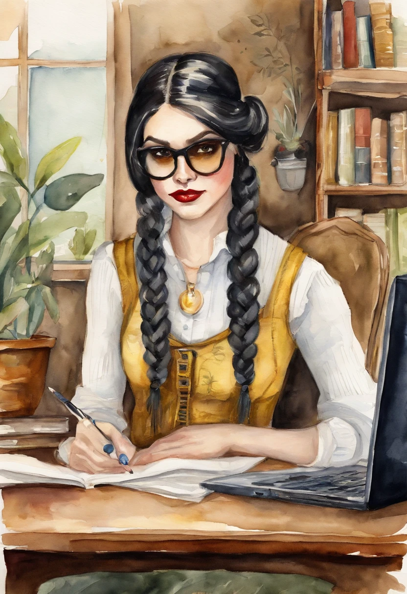 Ren, 1girl, solo, short black hair, long braided pigtail, yellow eyes, sunglasses, khaki colored Sweater, corset, Pleated skirt, black pantyhose, sitting, on a chair in front of a computer desk, masterpiece, best quality