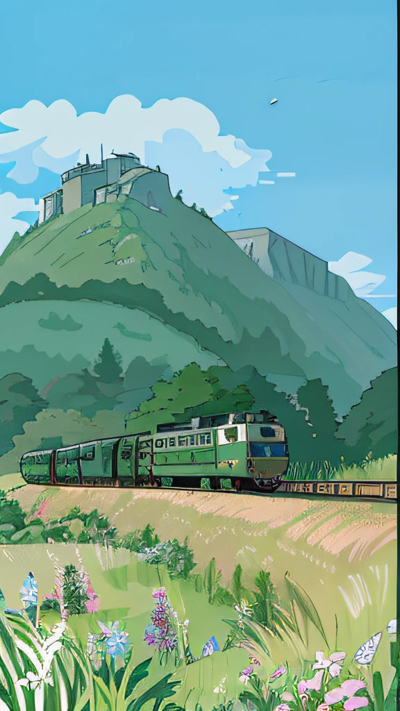 in style of ghibli,Cartoon anime,Hook line style,The battered green-skinned train runs through the countryside