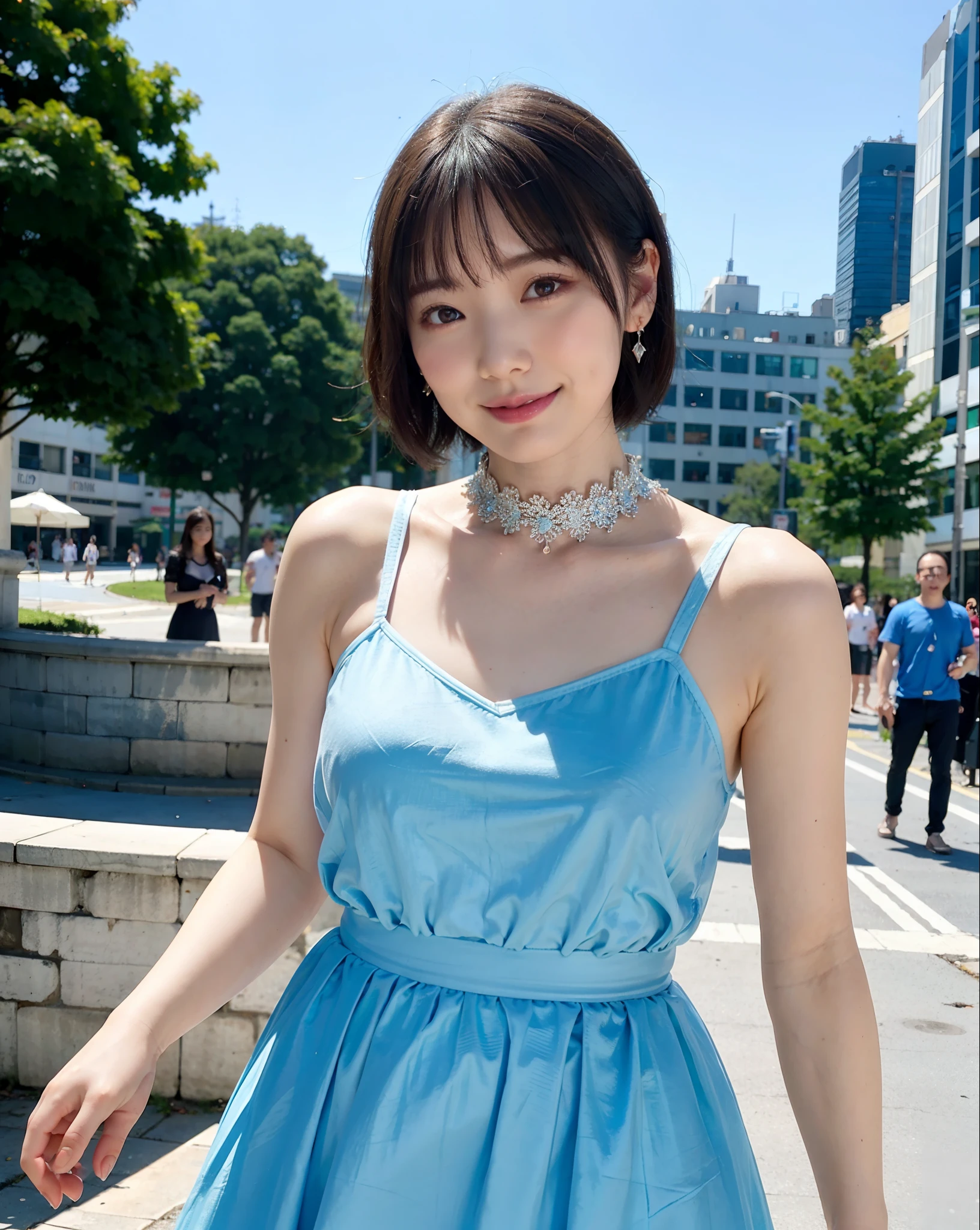 a woman posing on the street corner with light blue dress on, best quality, 1girl, large breasts, day, bright, blur background, bokeh, outdoor, (street:0.8), (people, crowds:1), (lace-trimmed dress:1.5, sleeveless dress, light blue clothes, light blue high-neck dress:1.2, blue dress: 1.5), gorgeous, (short hair, forehead:1.2), beautiful detailed sky, earrings, (dynamic pose:1.2), (upper body:0.8), soft lighting, wind, shiny skin, smile,