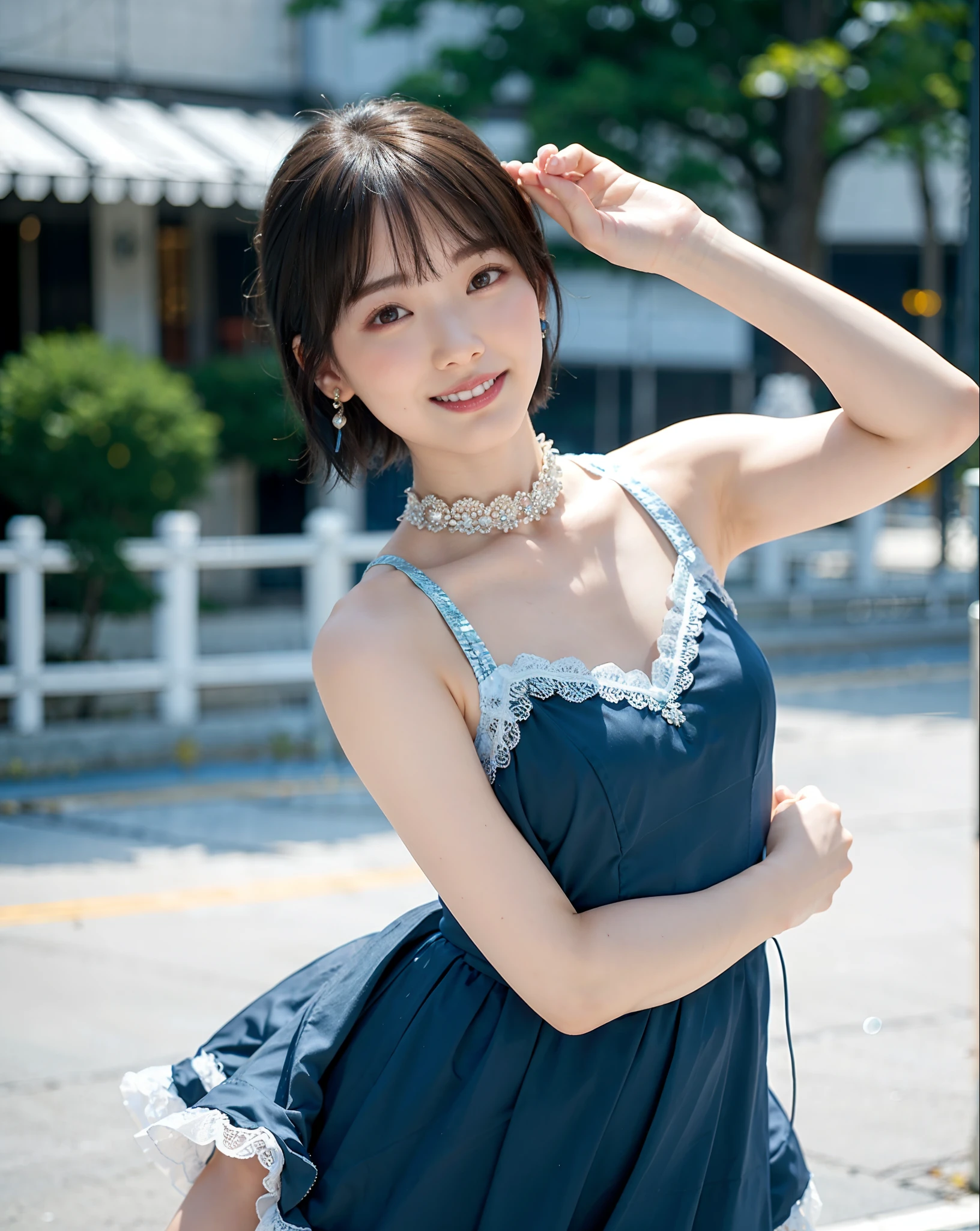 a woman posing on the street corner with light blue dress on, best quality, 1girl, large breasts, day, bright, blur background, bokeh, outdoor, (street:0.8), (people, crowds:1), (lace-trimmed dress:1.5, sleeveless dress, light blue clothes, light blue high-neck dress:1.2, blue dress: 1.5), gorgeous, (short hair, forehead:1.2), beautiful detailed sky, earrings, (dynamic pose:1.2), (upper body:0.8), soft lighting, wind, shiny skin, smile,