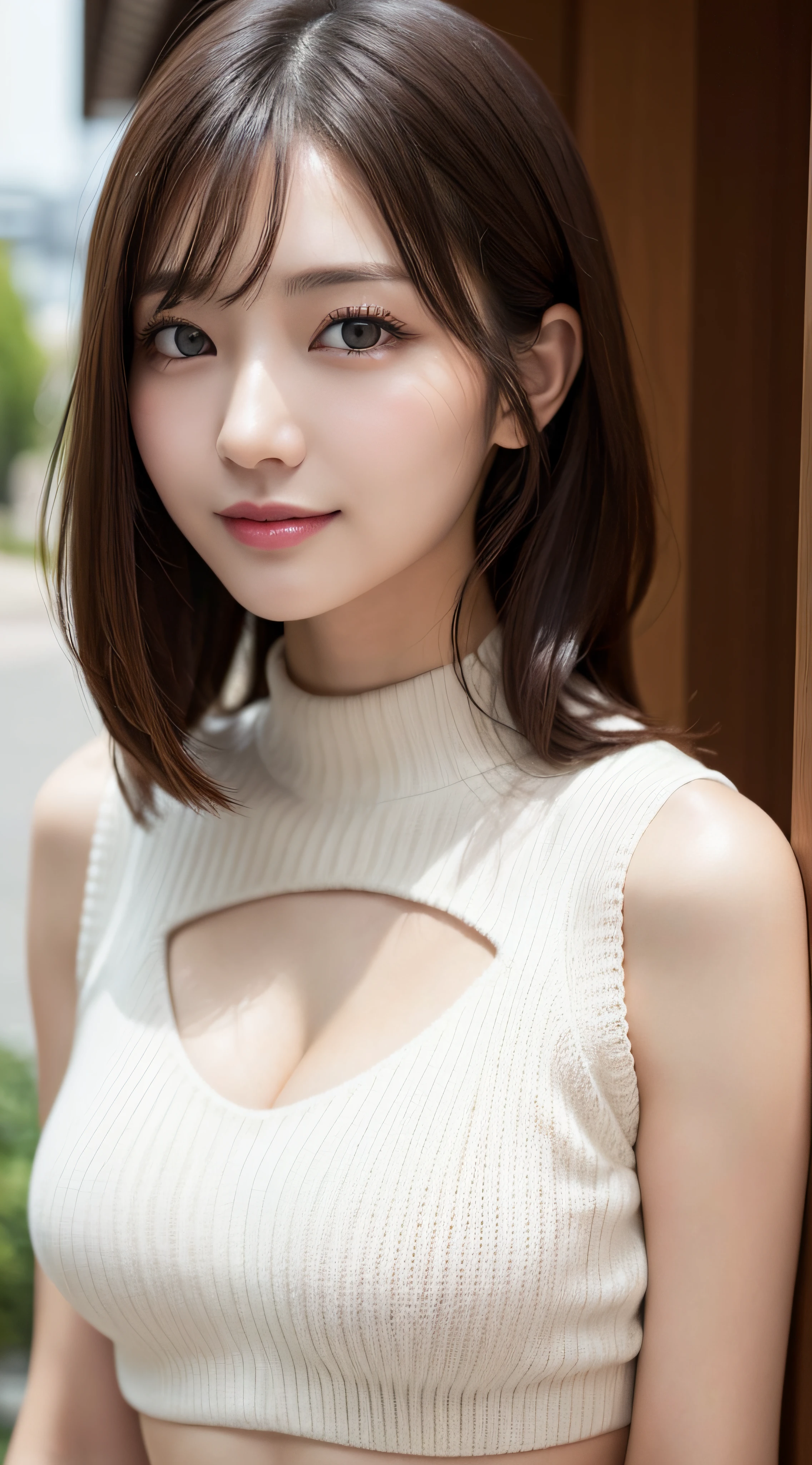 Tabletop, highest quality, Photorealistic, In detail, High resolution, 8k wallpaper, Perfect dynamic composition, Beautiful fine details, Medium Hair, Big ample breasts, Random sexy poses,Put your chest together、(Mock Neck Crop Tank Top White Knitwear、The cleavage looks realistic)、(Breast Swelling 1.2)、Laughter、Open your mouth、Resort scenery、23 years old、(Droopy Eyes 1.4)、Adult Beauty、Japanese