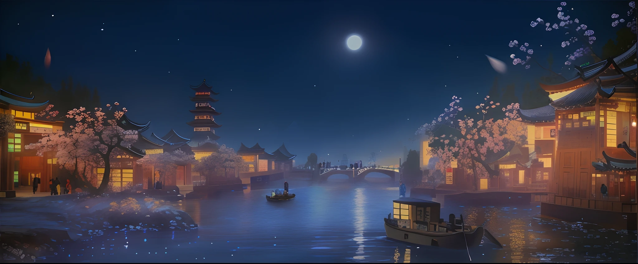 Night view of the river，There are boats and people inside, dreamy Chinese towns, Beautiful rendering of the Tang Dynasty, 8K high quality detailed art, 8 k resolution digital painting, 8k resolution digital painting, beautiful concept art, Beautiful digital artwork, trending on cgstation, Relaxing concept art, 4k highly detailed digital art, blue moon ray tracing, traditional japanese concept art