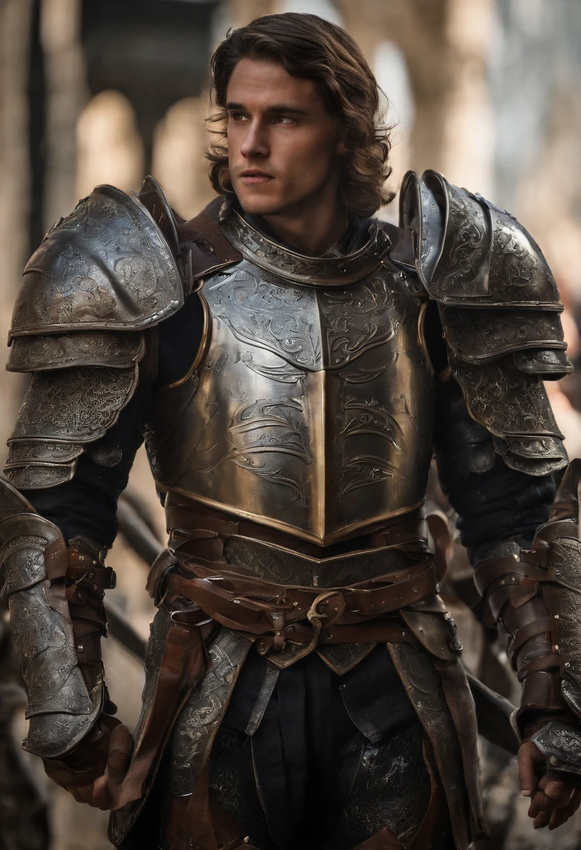 In a world of magic and dragons, a young knight stands out with his modern suit of silver-plated armor. His brown hair is neatly combed, and his blue eyes shine with determination. He holds a war hammer in one hand and a shield in the other, ready to face any challenge. His cape, adorned with golden trim, adds a touch of elegance to his otherwise battle-ready appearance.