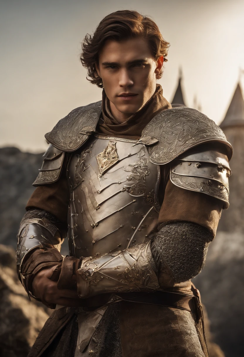 In a world of magic and dragons, a young knight stands out with his modern suit of silver-plated armor. His brown hair is neatly combed, and his blue eyes shine with determination. He holds a war hammer in one hand and a shield in the other, ready to face any challenge. His cape, adorned with golden trim, adds a touch of elegance to his otherwise battle-ready appearance.
