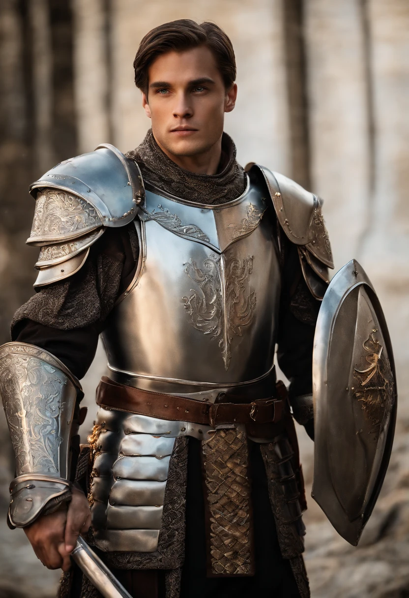 In a world of magic and dragons, a young knight stands out with his modern suit of silver-plated armor. His brown hair is neatly combed, and his blue eyes shine with determination. He holds a war hammer in one hand and a shield in the other, ready to face any challenge. His cape, adorned with golden trim, adds a touch of elegance to his otherwise battle-ready appearance.