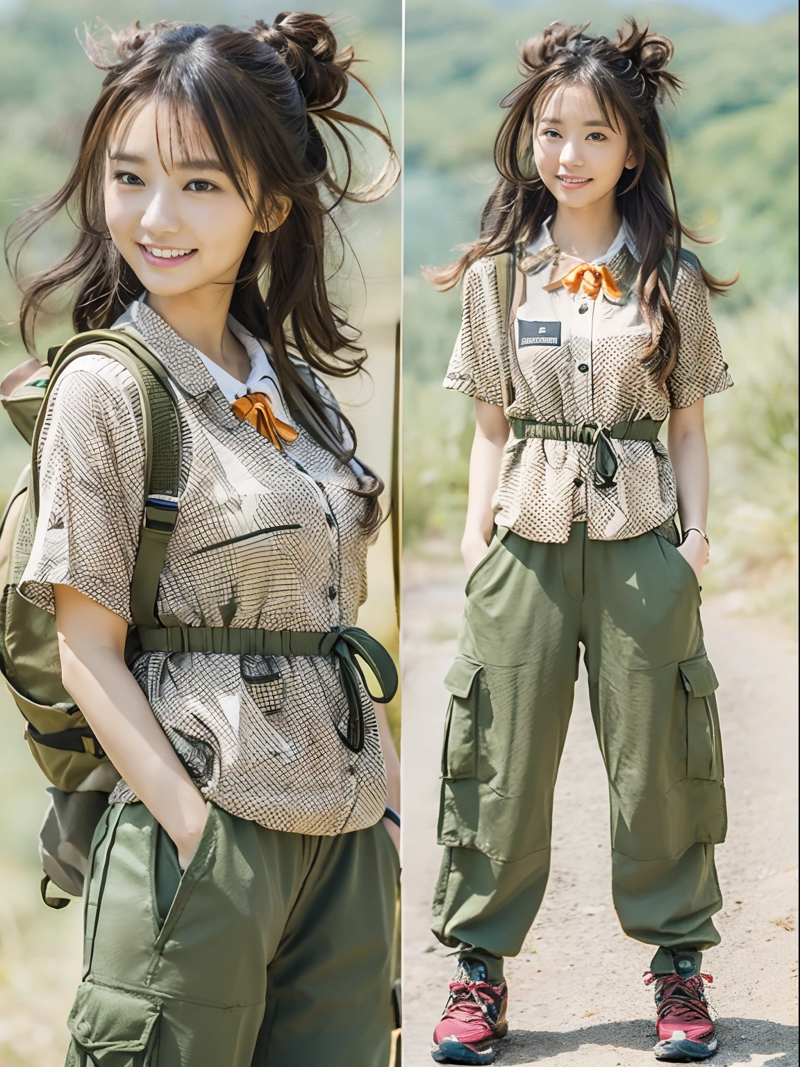Single-person tent:1.37, (​masterpiece、top-quality、8k wallpaper、hight resolution、hyperrealistic scenery, Photorealsitic:1.37)、1girl in、独奏、18year old、Dainty Japan Woman,Looking at Viewer, Standing, open arms, Lifelike face、luslous skin、The angle is a bit far, Slender body type:1.1、Black eye、(Hiking pants, Please wear a collared shirt loosely、Keep the hem of your shirt on the outside of your pants:1.37)、Carrying a backpack:1.2、Mountain girl style、I like mountain climbing, mountaineer, Beautiful sunset on background、Trekking Shoes、A detailed face、A detailed eye、Detailed nose、Detailed mouth、Happy smile、Orange Rising Sun