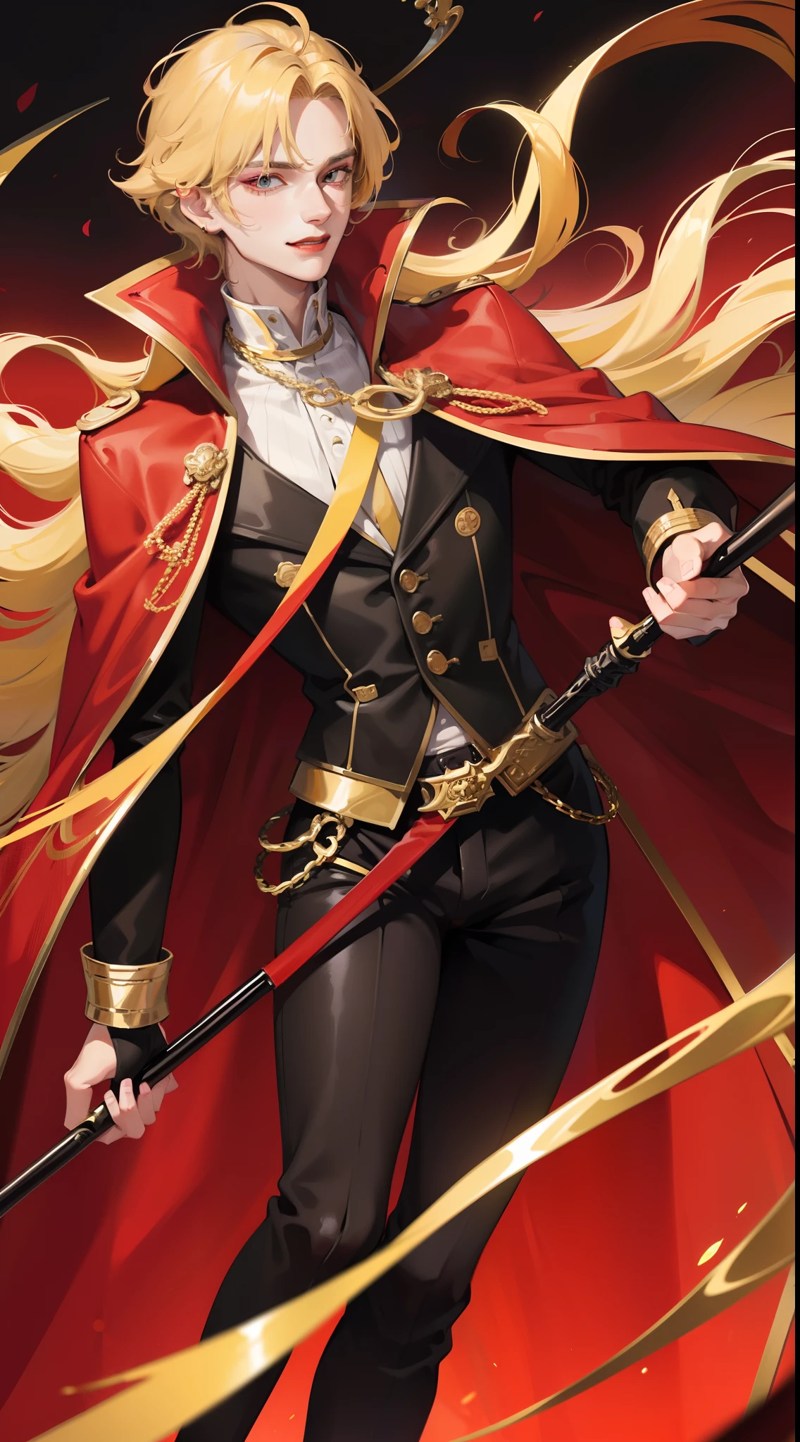 young boy, longue blonde hair, Heteroromy, smirk, red lipstick, red and yellow, red fluffy shirt, black tight pants, Dark purple cape, cane, Masterpiece, hiquality, higly detailed, HD, 4k