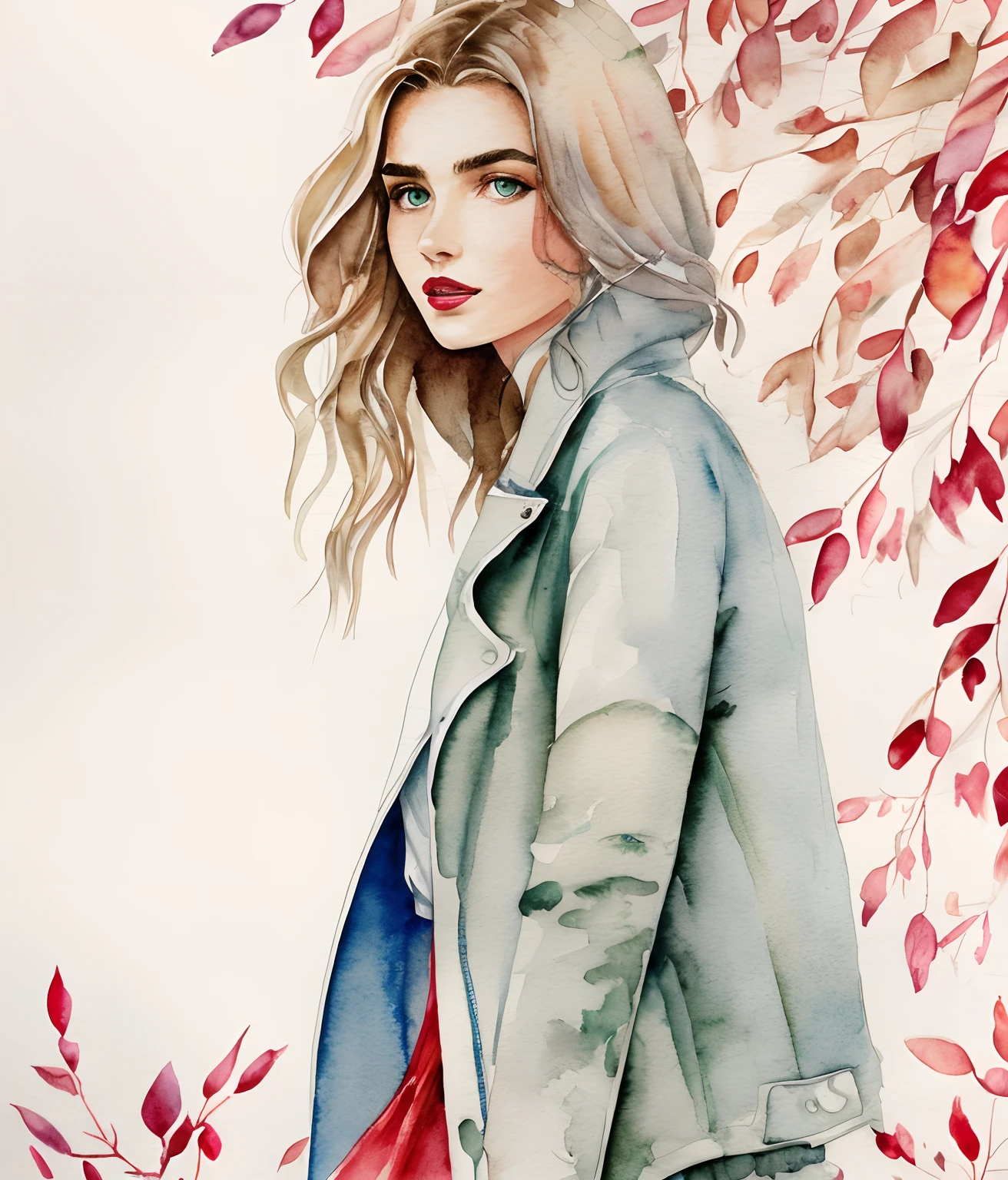 Kelly smith watercolor art Blonde Woman thin hair, french bob, gray blue eyes, red lipstick, andreea diaconu, peach green beige dress, jacket, windy, green leaves tree, summer, fantasy, artistic brushstrokes