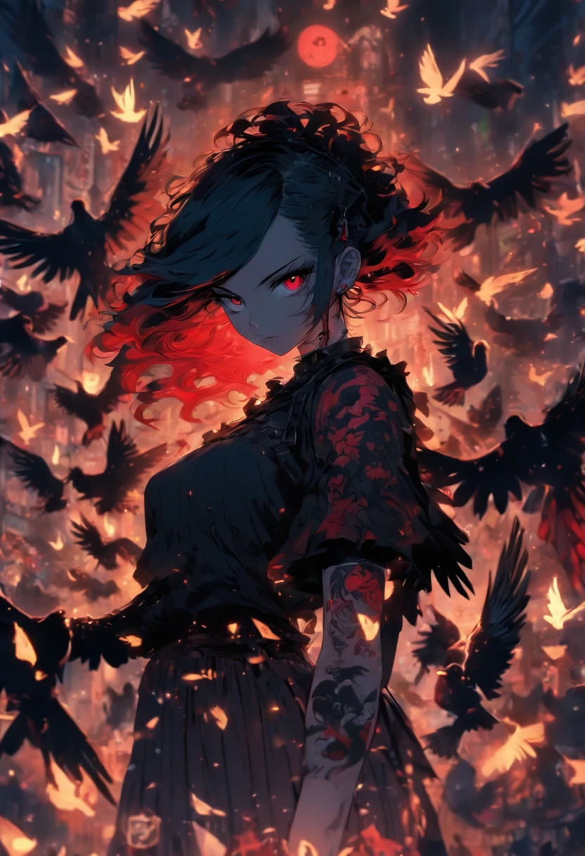 A girl with wings and red tattoos, Dark black and light black style, Anime art, 32k ULTRAHD, Gothic grotesque characters, multilayered dimensions, Hester core, Pigeons can