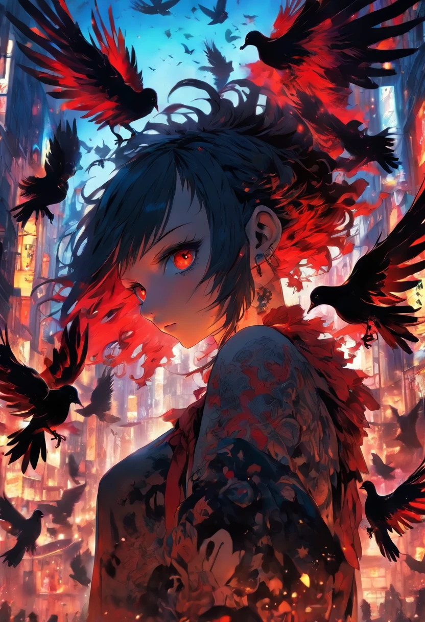 A girl with wings and red tattoos, Dark black and light black style, Anime art, 32k ULTRAHD, Gothic grotesque characters, multilayered dimensions, Hester core, Pigeons can